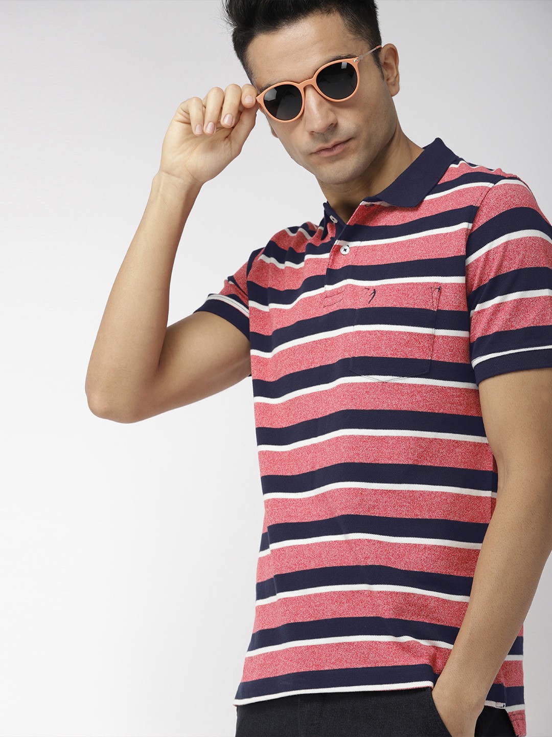 

Indian Terrain Men Red White Striped Polo Pure Cotton T-shirt