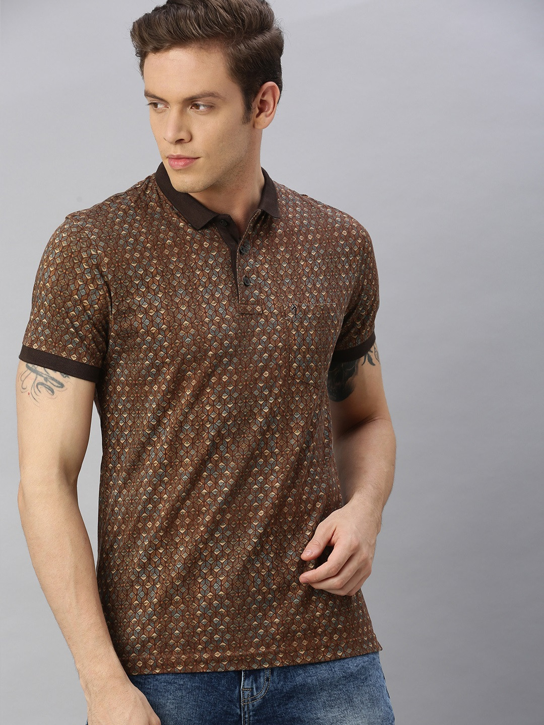 

Indian Terrain Men Brown & Blue Printed Polo Collar T-shirt