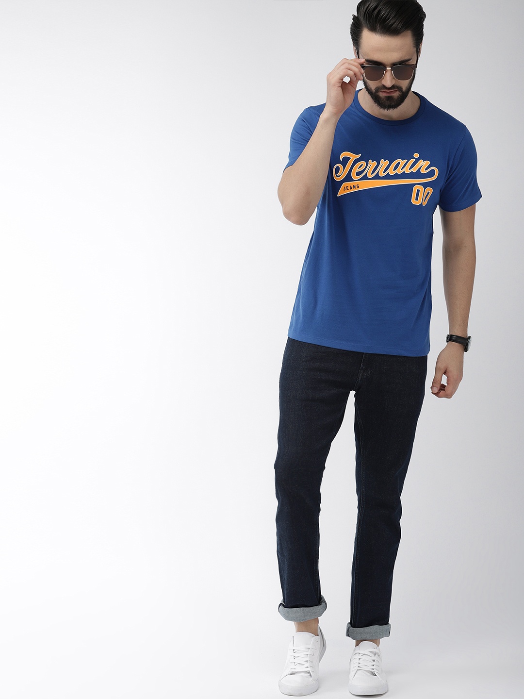 

Indian Terrain Men Blue Printed Round Neck Pure Cotton T-shirt