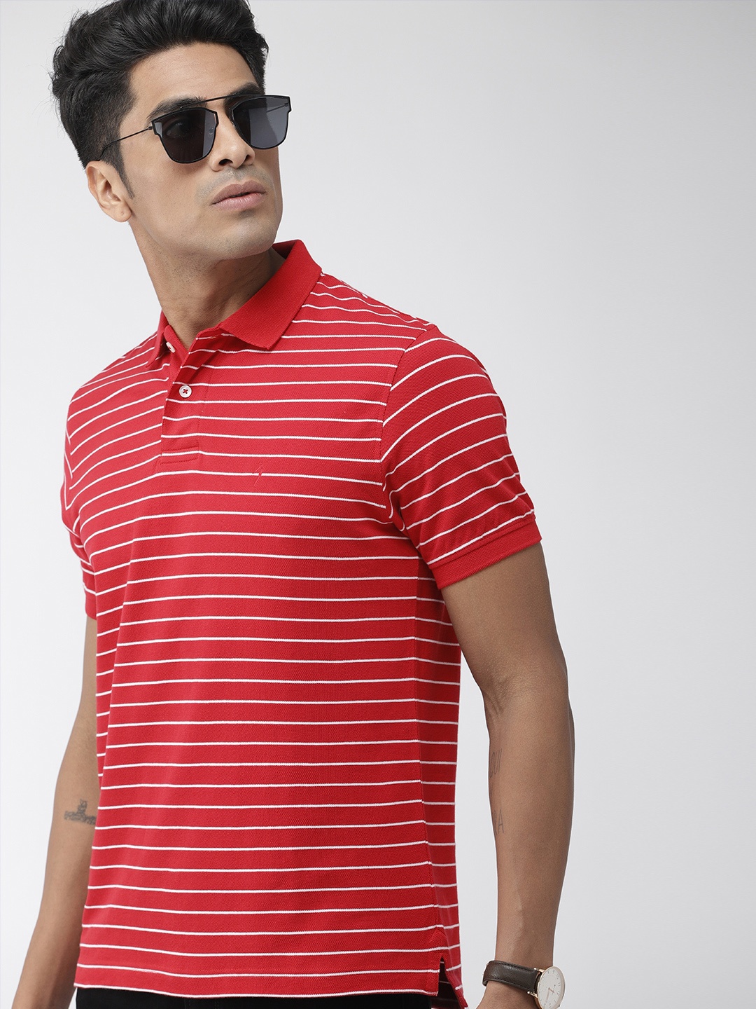 

Indian Terrain Men Red Striped Polo Collar Pure Cotton T-shirt