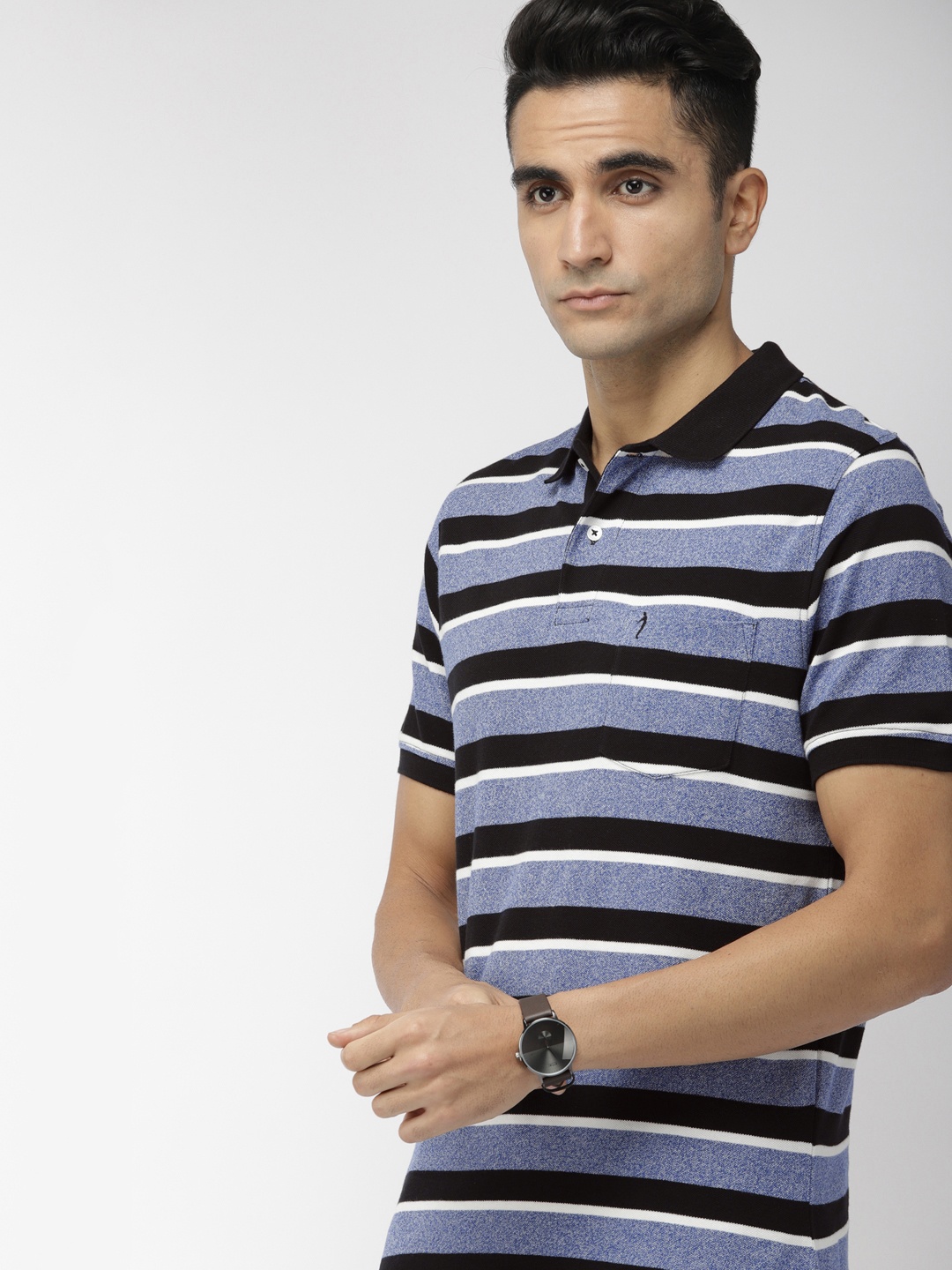 

Indian Terrain Men Blue Black Striped Polo Collar Pure Cotton T-shirt