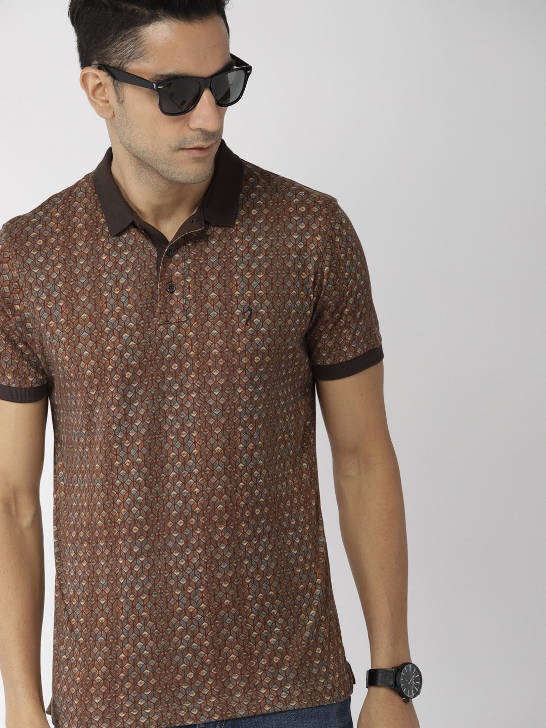 

Indian Terrain Men Brown Printed Polo Collar Pure Cotton T-shirt