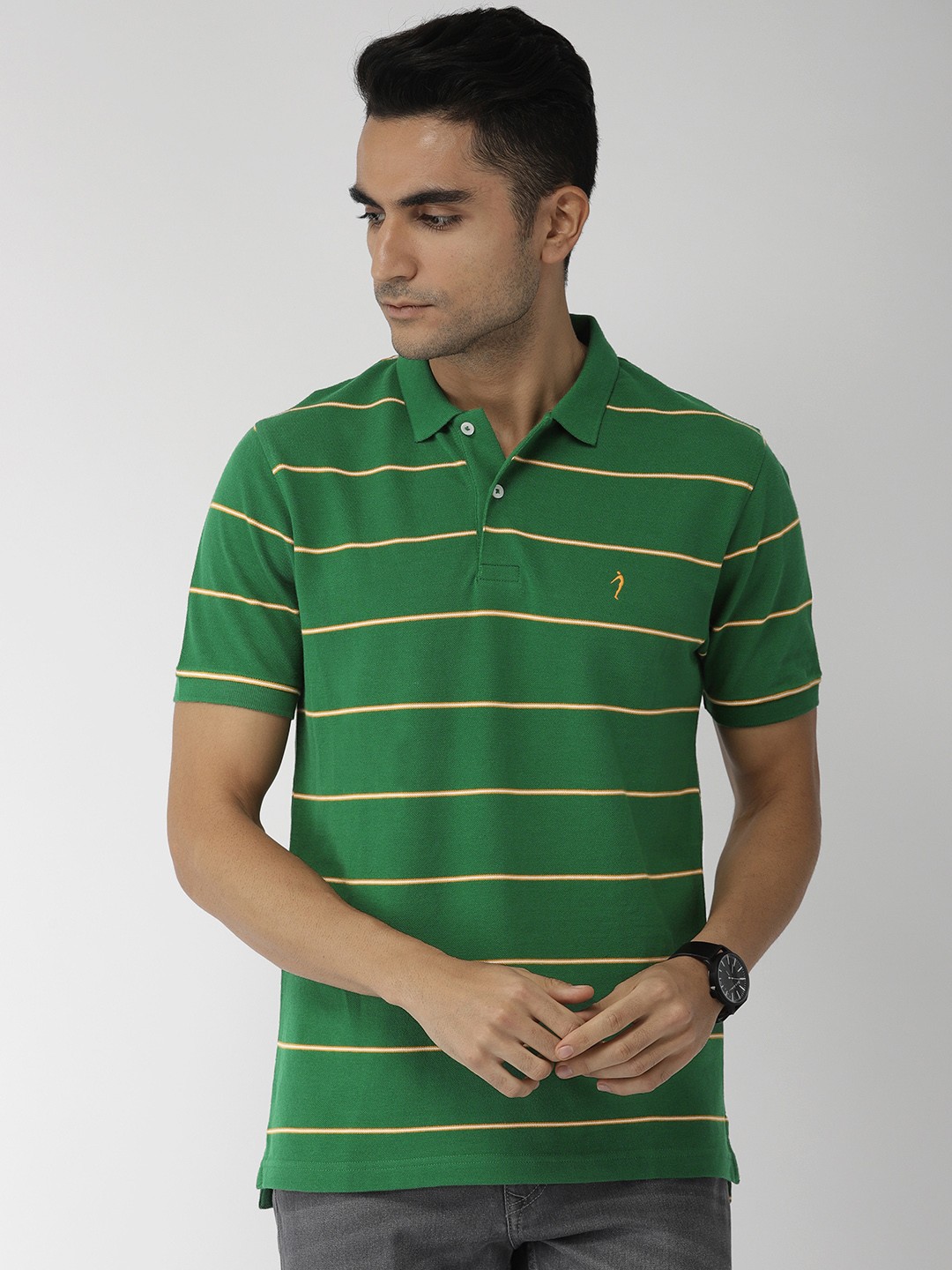 

Indian Terrain Men Green Yellow Striped Polo Pure Cotton T-shirt