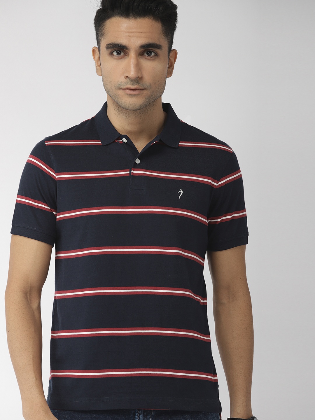 

Indian Terrain Men Navy Blue Red Striped Polo Collar Pure Cotton T-shirt
