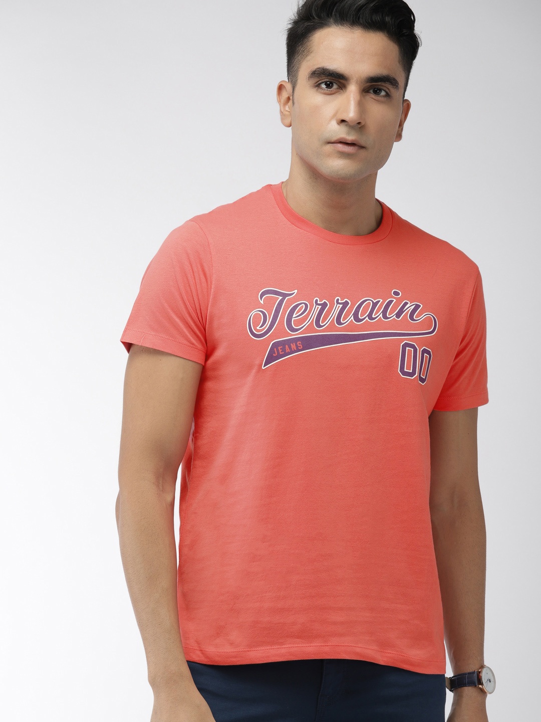 

Indian Terrain Men Pink Printed Round Neck Pure Cotton T-shirt