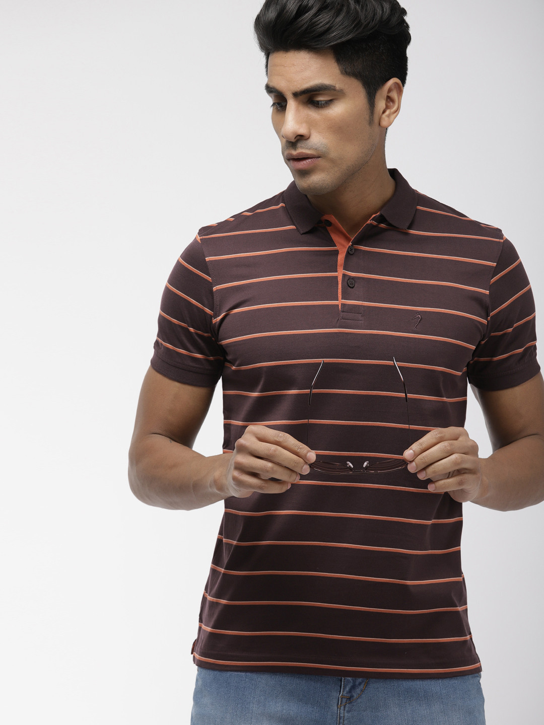 

Indian Terrain Men Brown Orange Striped Polo Collar Pure Cotton T-shirt