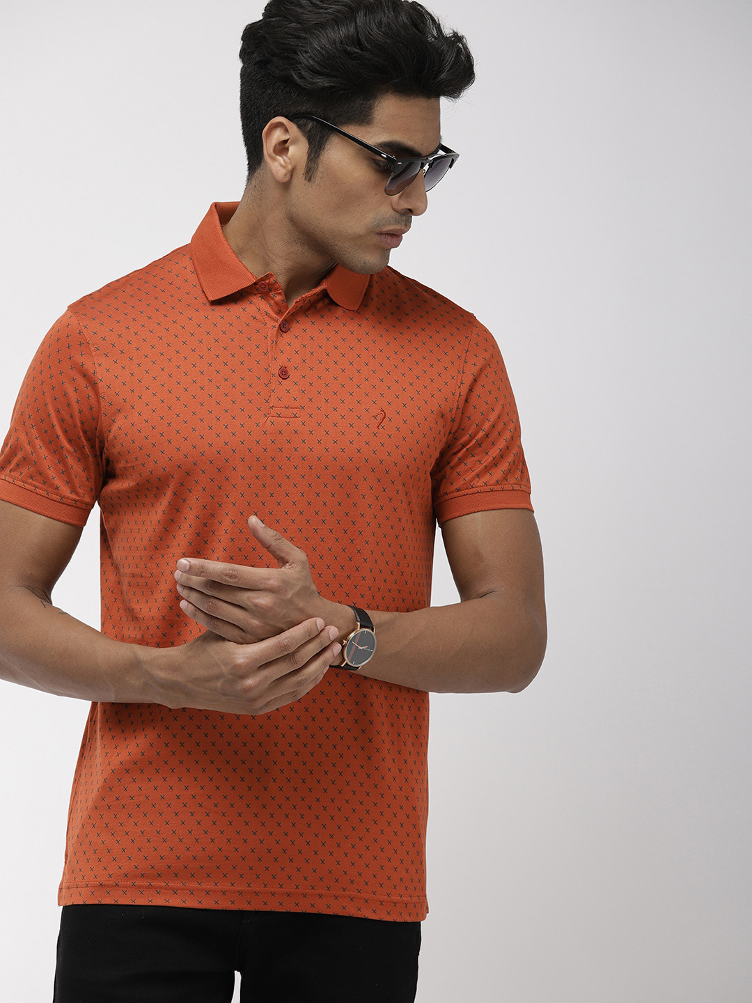 

Indian Terrain Men Rust Orange Printed Polo Collar Pure Cotton T-shirt