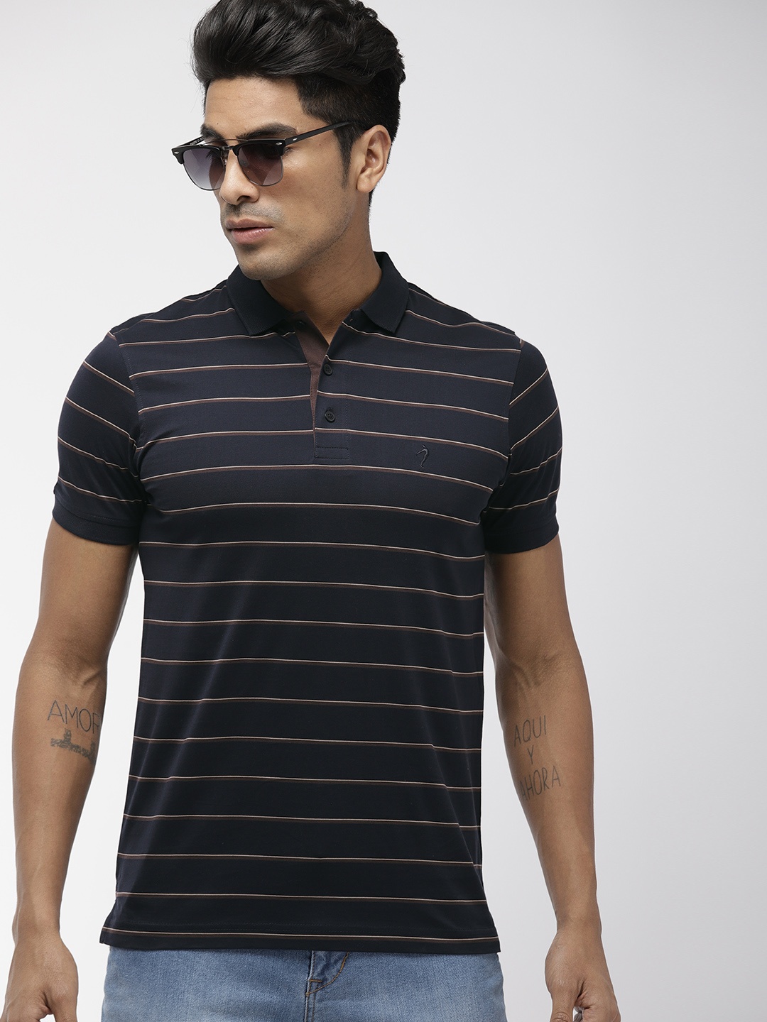 

Indian Terrain Men Navy Blue Brown Striped Polo Collar Pure Cotton T-shirt
