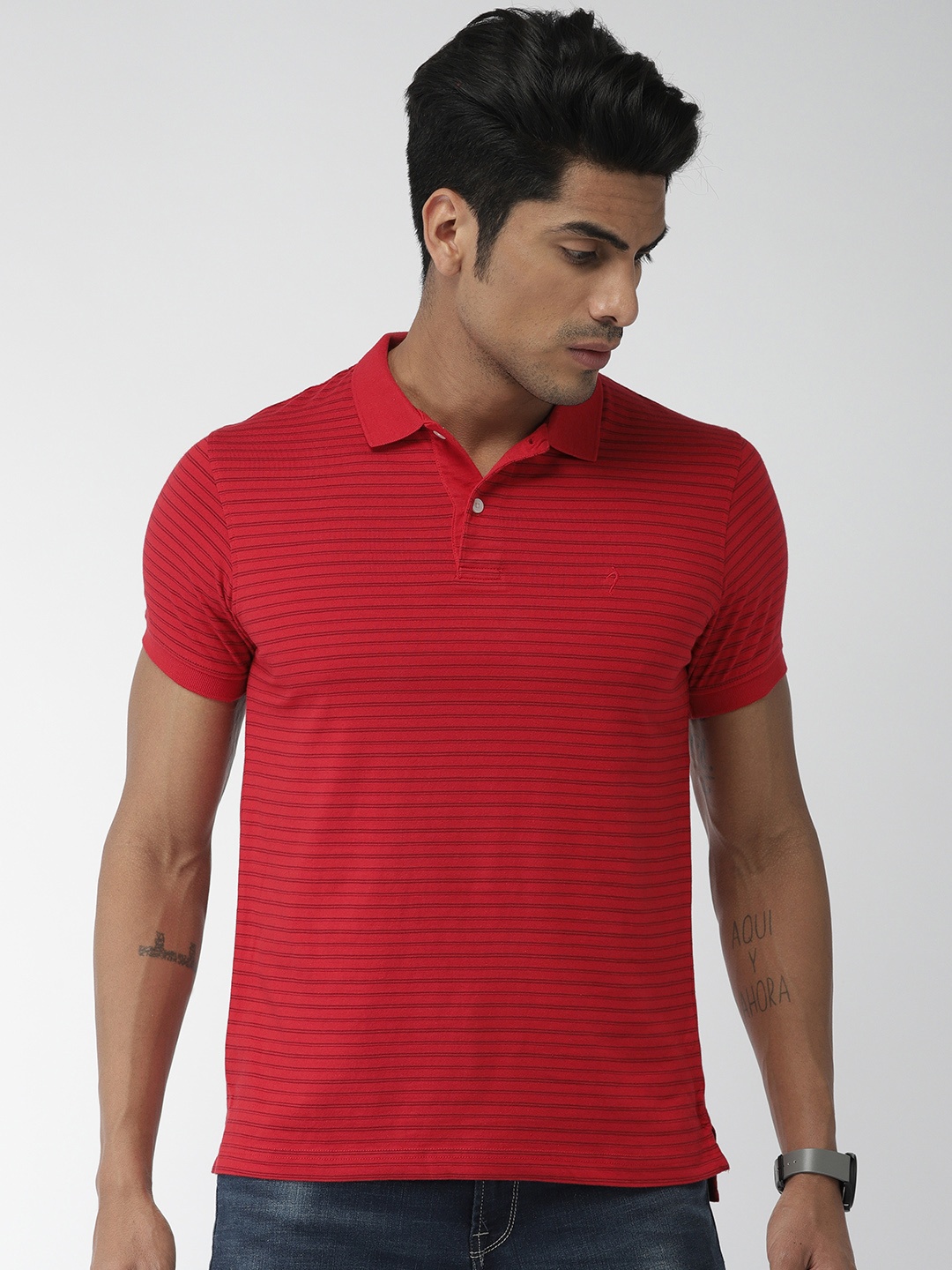 

Indian Terrain Men Red Striped Polo Pure Cotton T-shirt