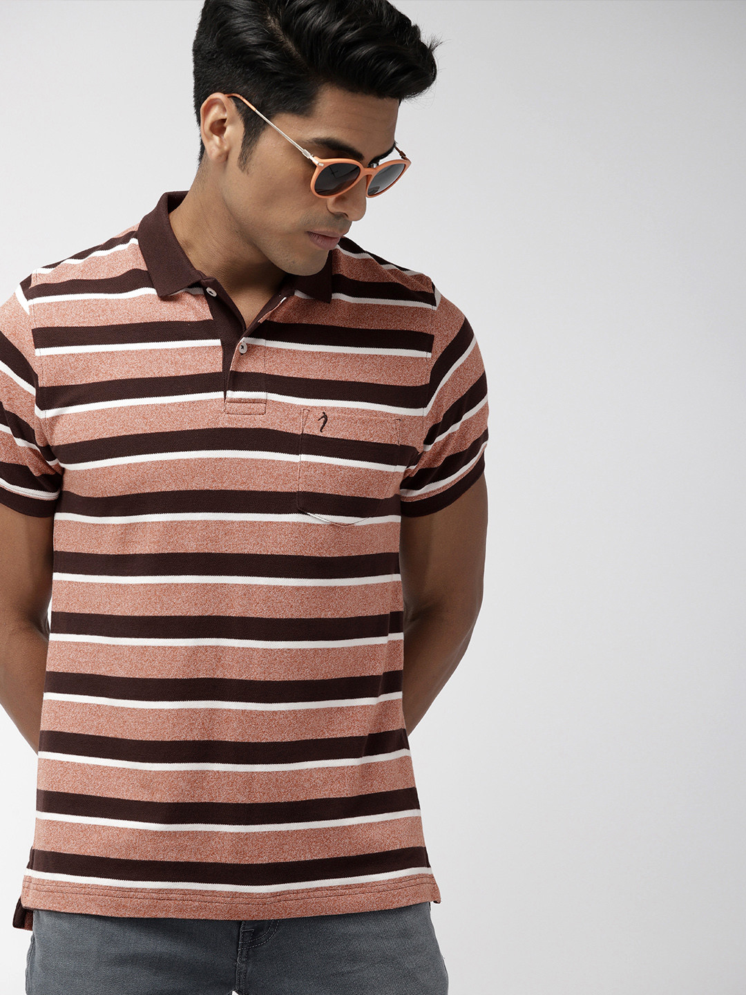 

Indian Terrain Men Brown Striped Polo Collar T-shirt