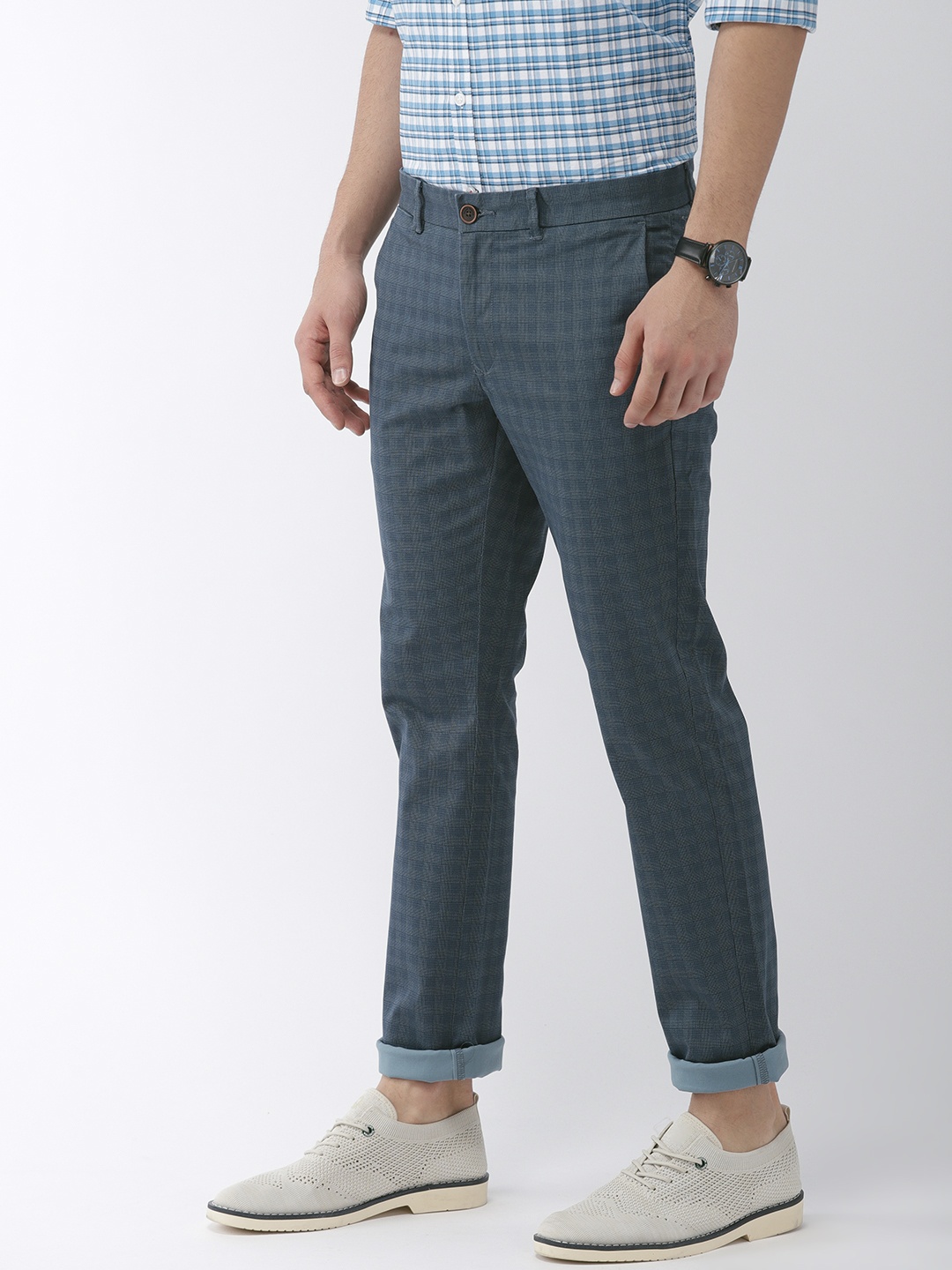 

Indian Terrain Men Teal Blue Brooklyn Slim Fit Checked Chinos