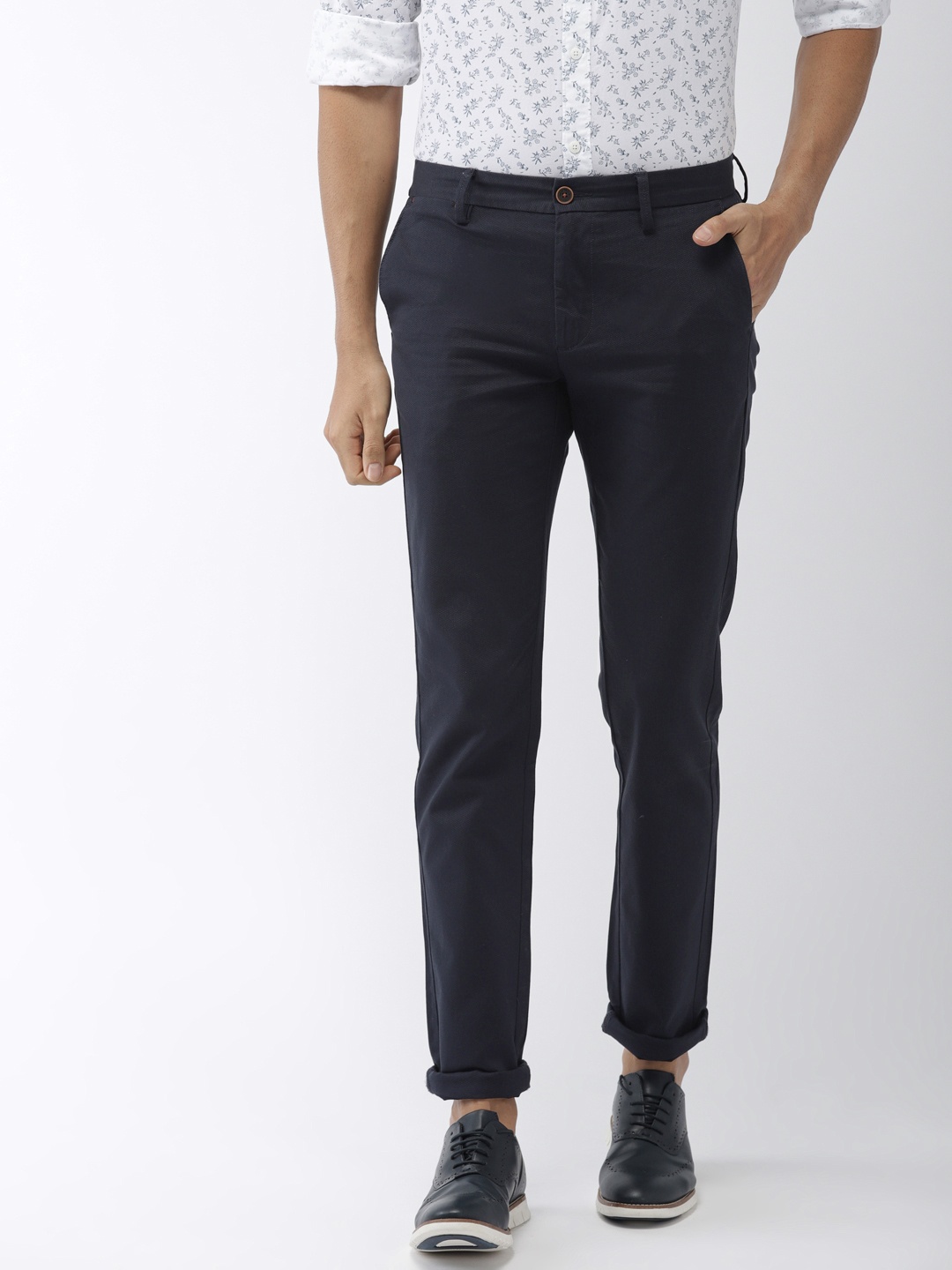 

Indian Terrain Men Navy Blue Brooklyn Slim Fit Self-Design Trousers