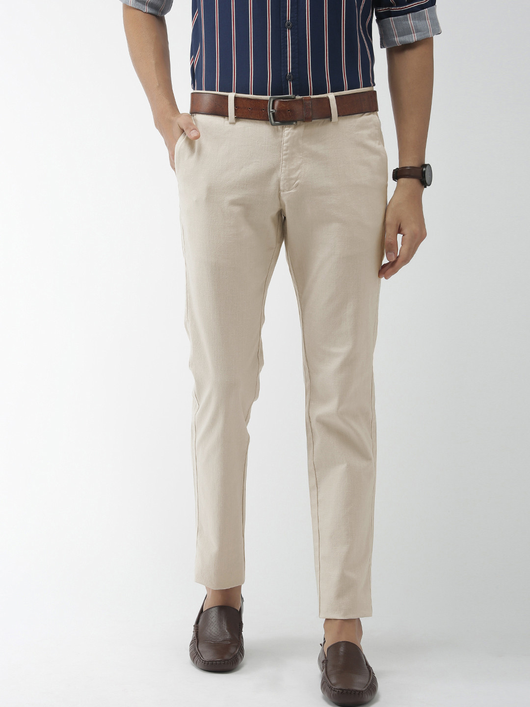 

Indian Terrain Men Off-White Brooklyn Slim Fit Solid Smart Casual Regular Trousers