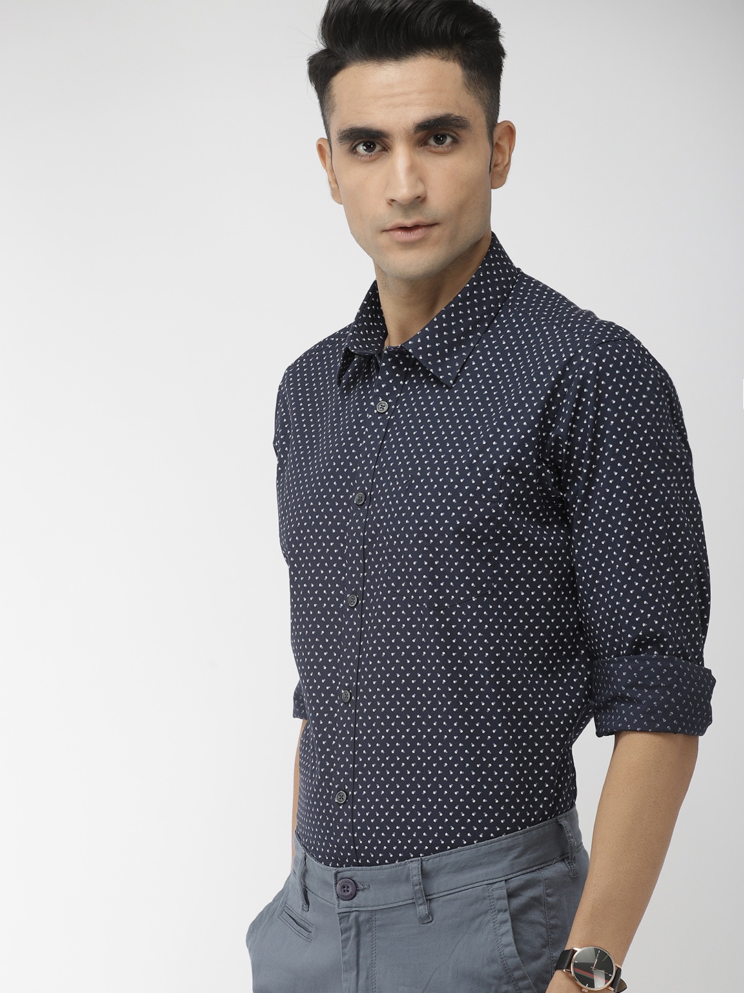 

Indian Terrain Men Navy Blue & White Slim Fit Printed Smart Casual Shirt
