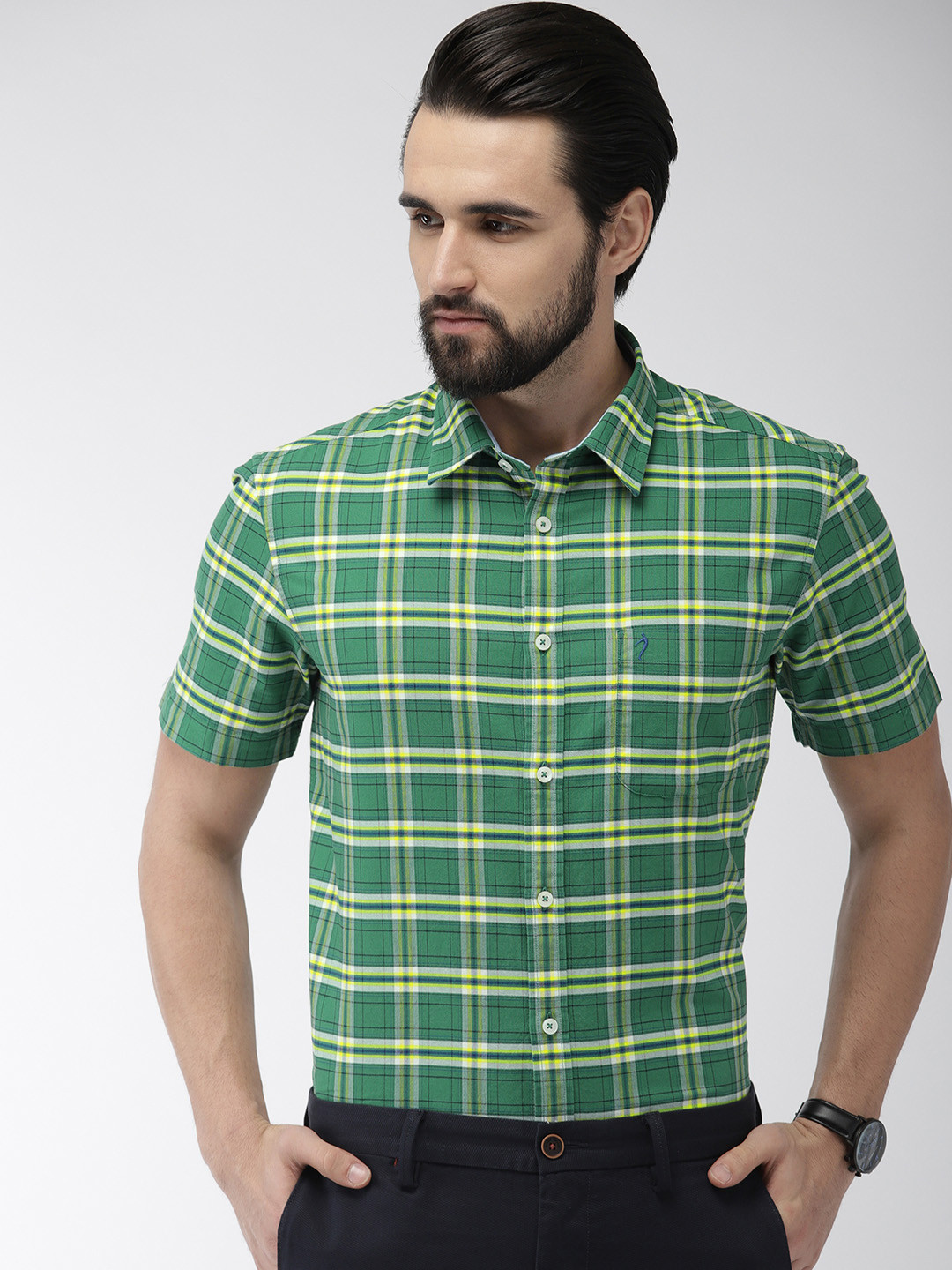 

Indian Terrain Men Green & Yellow Slim Fit Checked Smart Casual Shirt