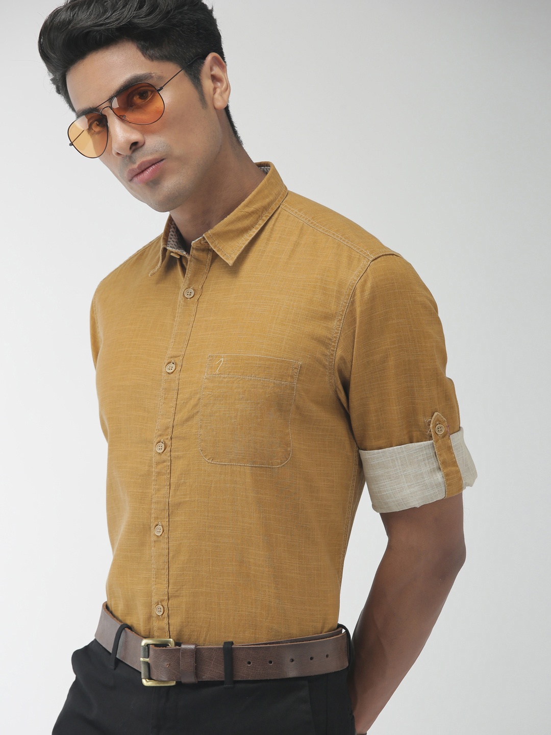 

Indian Terrain Men Mustard Brown Chiseled Slim Fit Solid Smart Casual Shirt