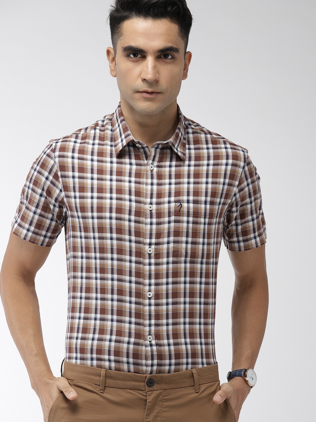 

Indian Terrain Men White & Brown Slim Fit Checked Smart Casual Shirt