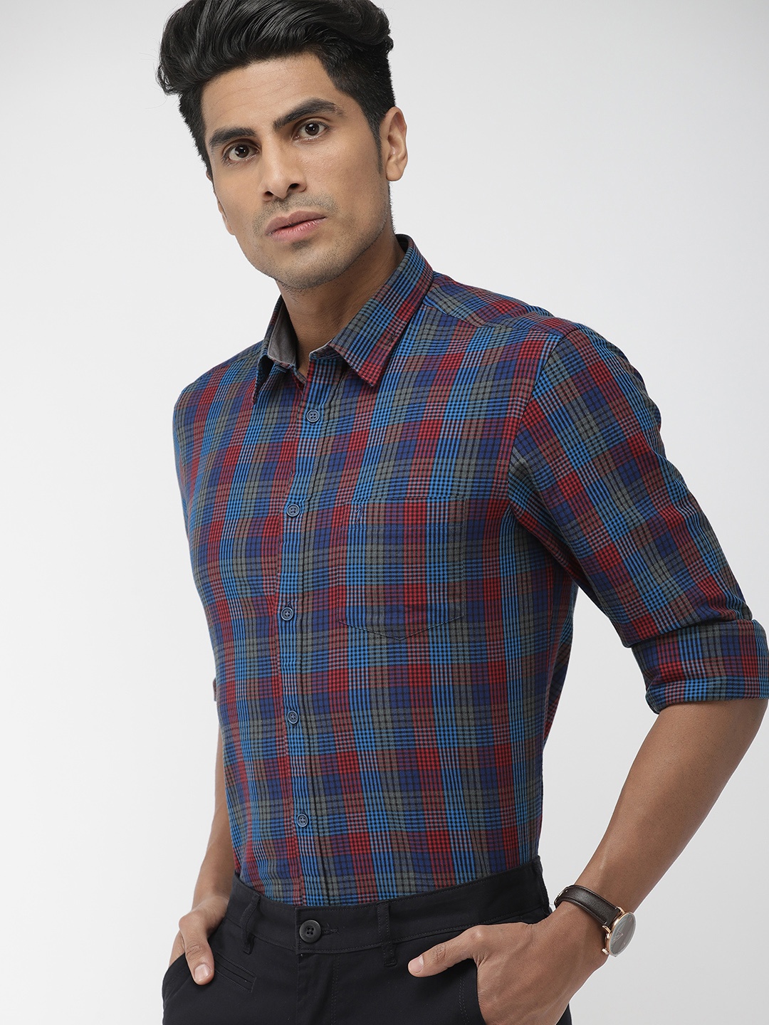 

Indian Terrain Men Red & Blue Slim Fit Checked Smart Casual Shirt