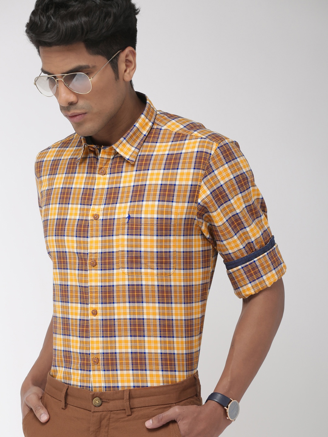 

Indian Terrain Men Yellow & White Slim Fit Checked Smart Casual Shirt