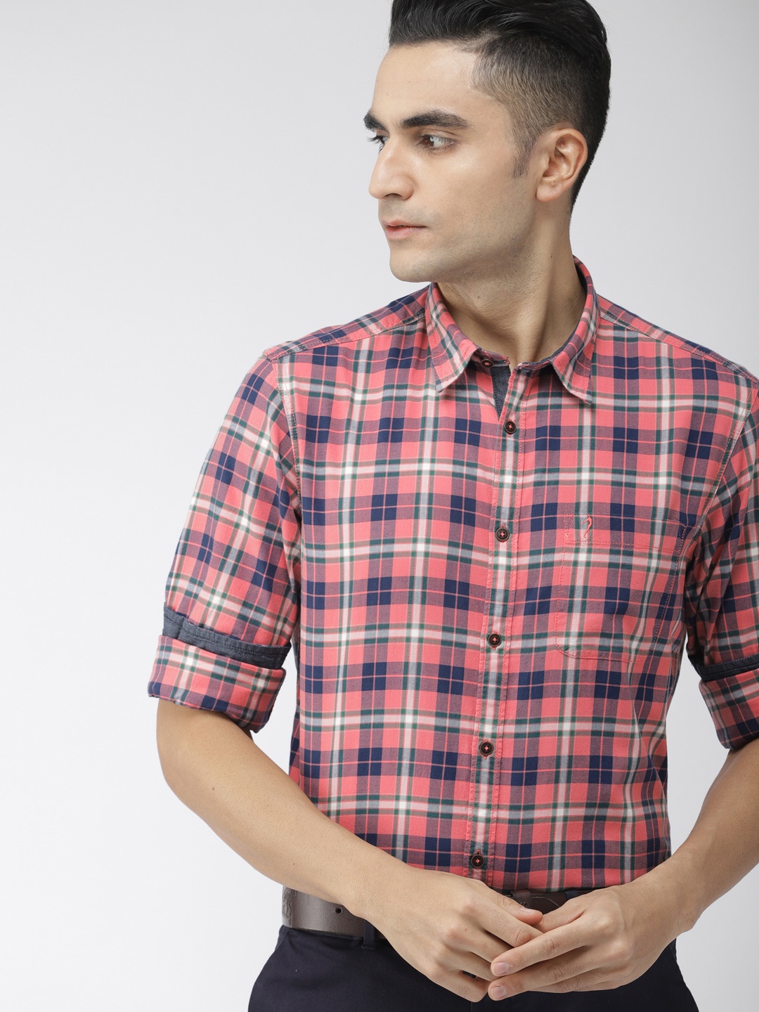 

Indian Terrain Men Peach-Coloured & Navy Blue Chiseled Slim Fit Checked Smart Casual Shirt