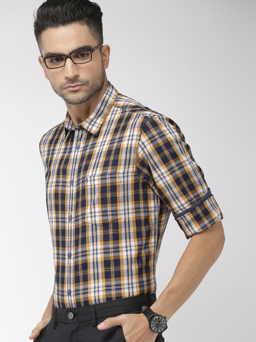 

Indian Terrain Men Mustard Yellow & Navy Blue Slim Fit Checked Smart Casual Shirt