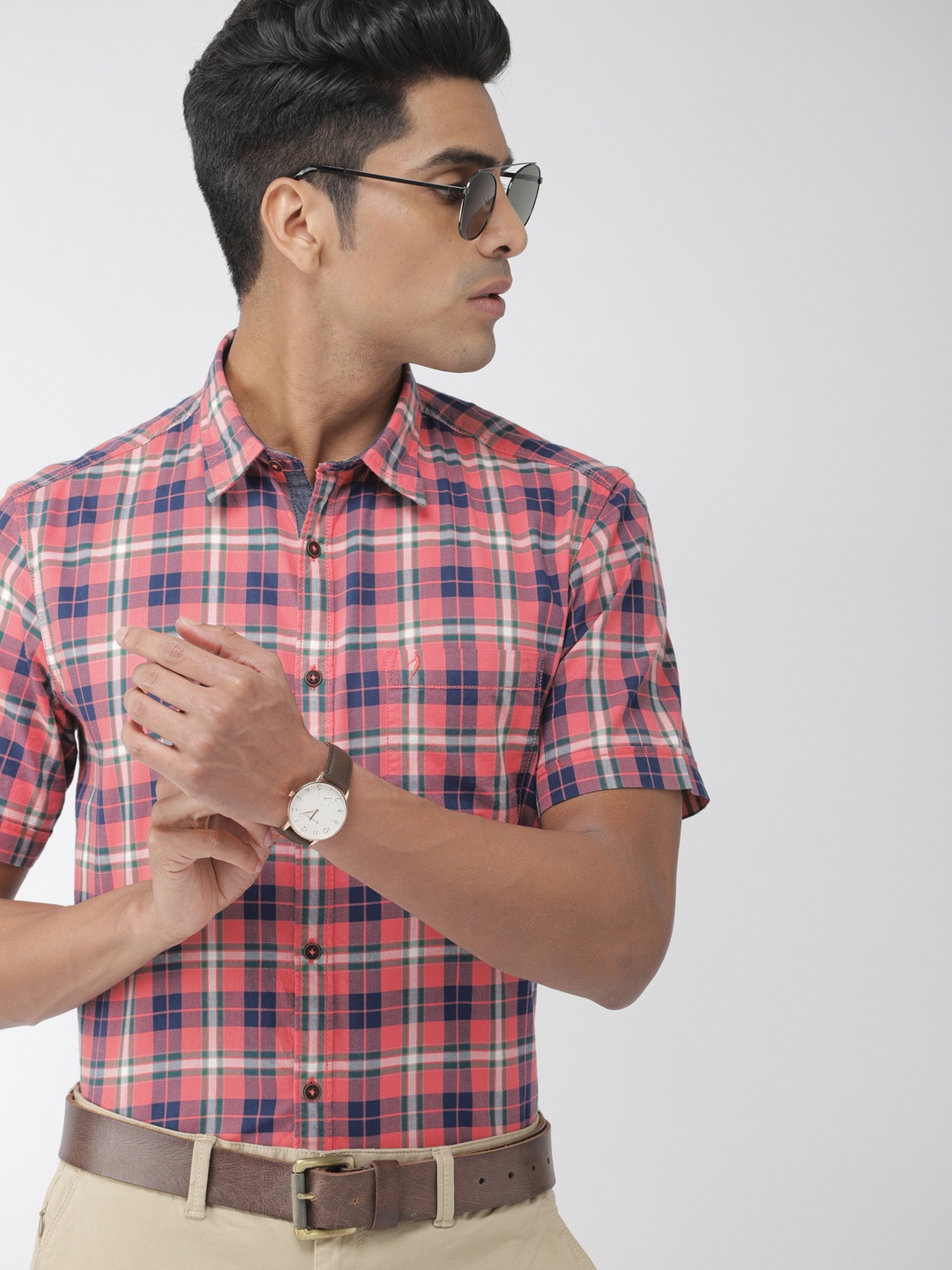 

Indian Terrain Men Peach-Coloured & Navy Blue Chiseled Slim Fit Checked Smart Casual Shirt