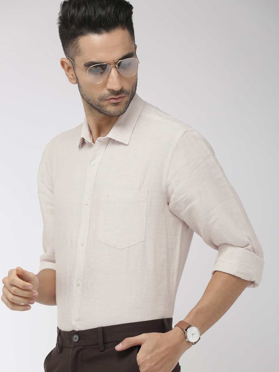 

Indian Terrain Men Off-White Slim Fit Solid Smart Casual Linen Shirt