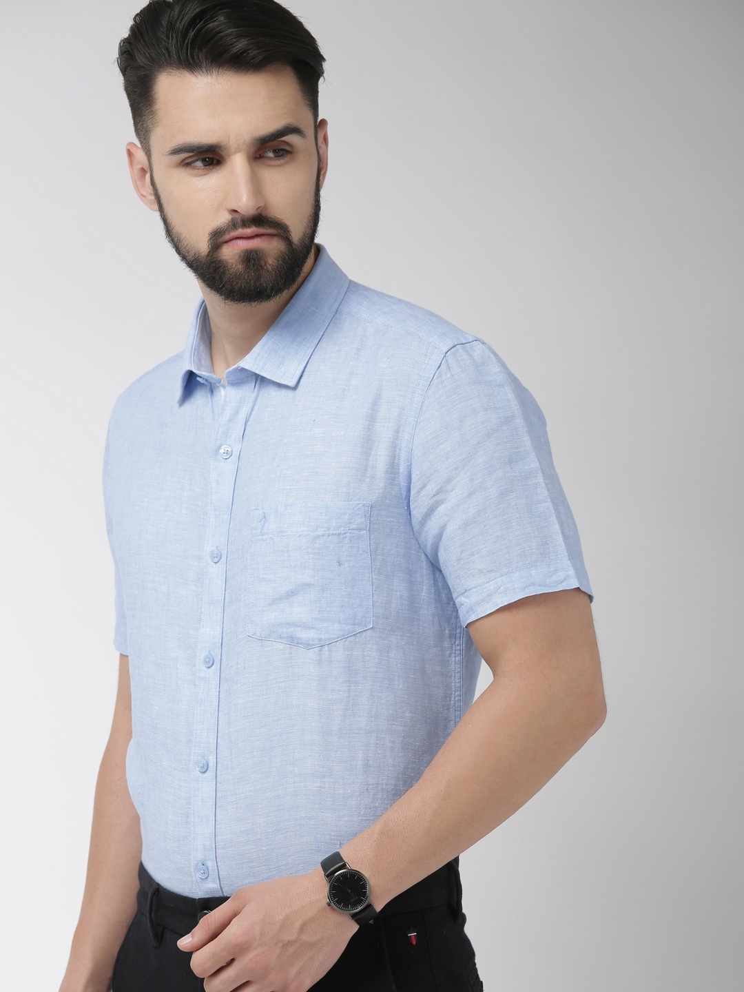 

Indian Terrain Men Blue Linen Slim Fit Solid Casual Shirt
