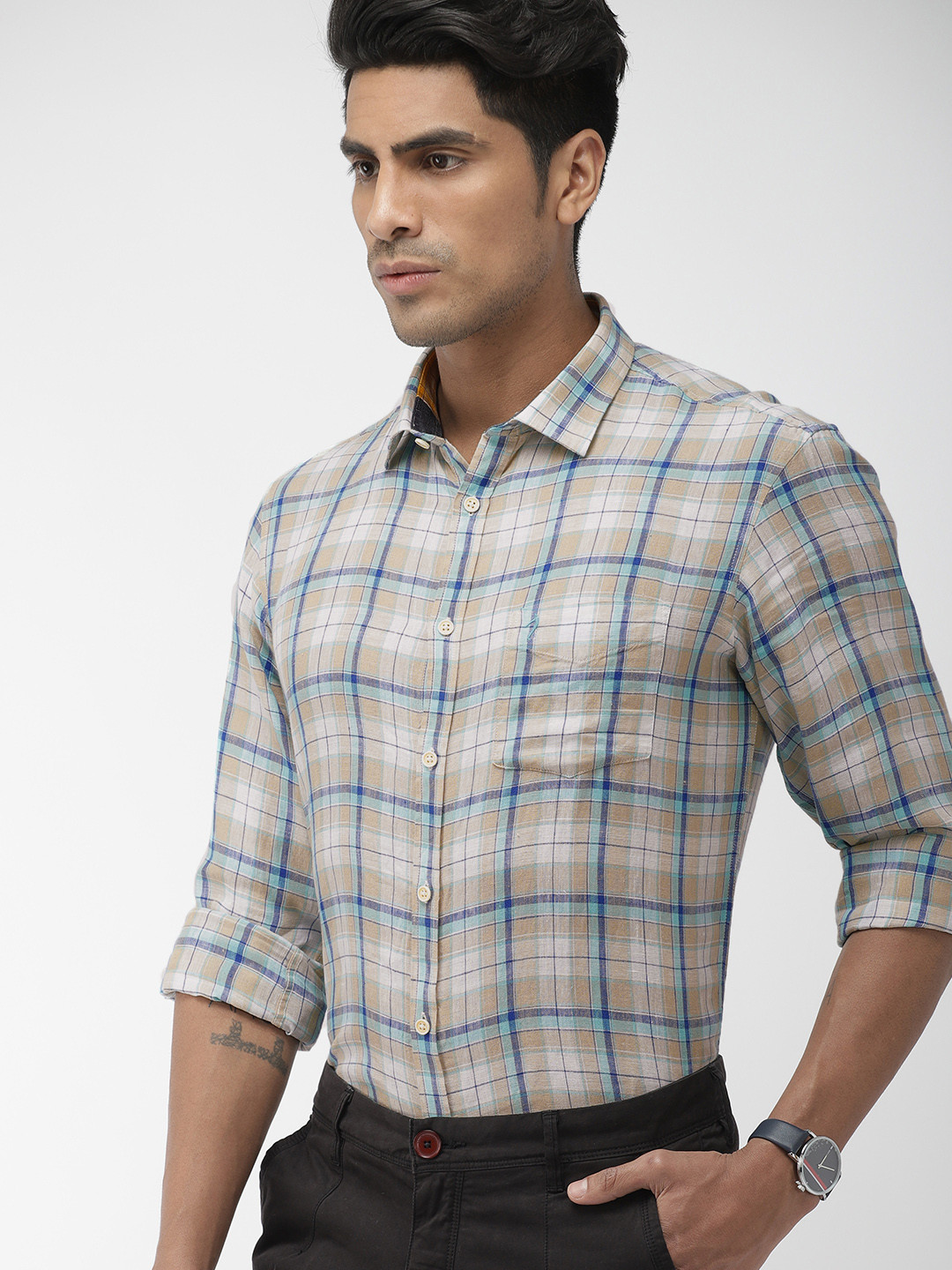 

Indian Terrain Men White & Blue Slim Fit Checked Smart Casual Linen Shirt