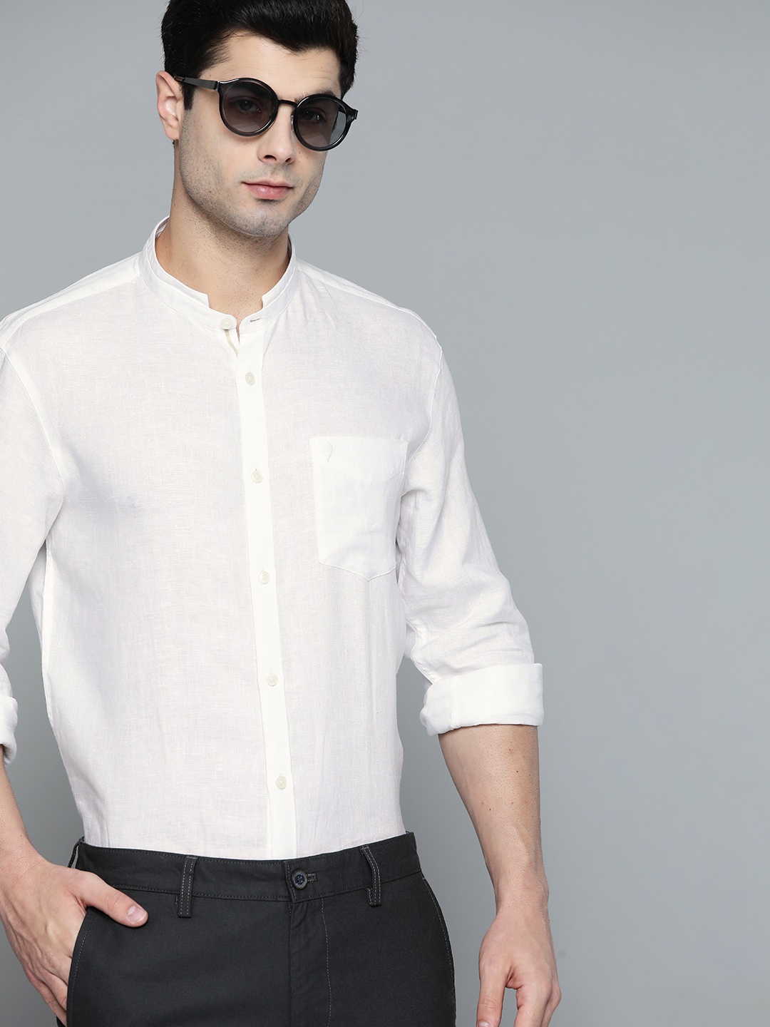 

Indian Terrain Men White Pure Linen Mandarin Collar Casual Shirt