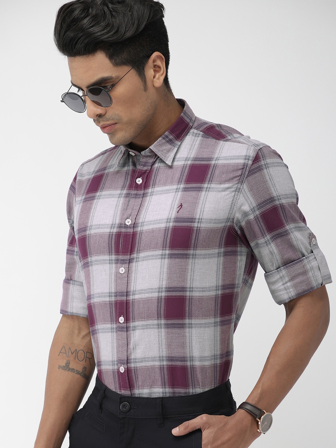 

Indian Terrain Men Grey & Purple Slim Fit Checked Smart Casual Shirt