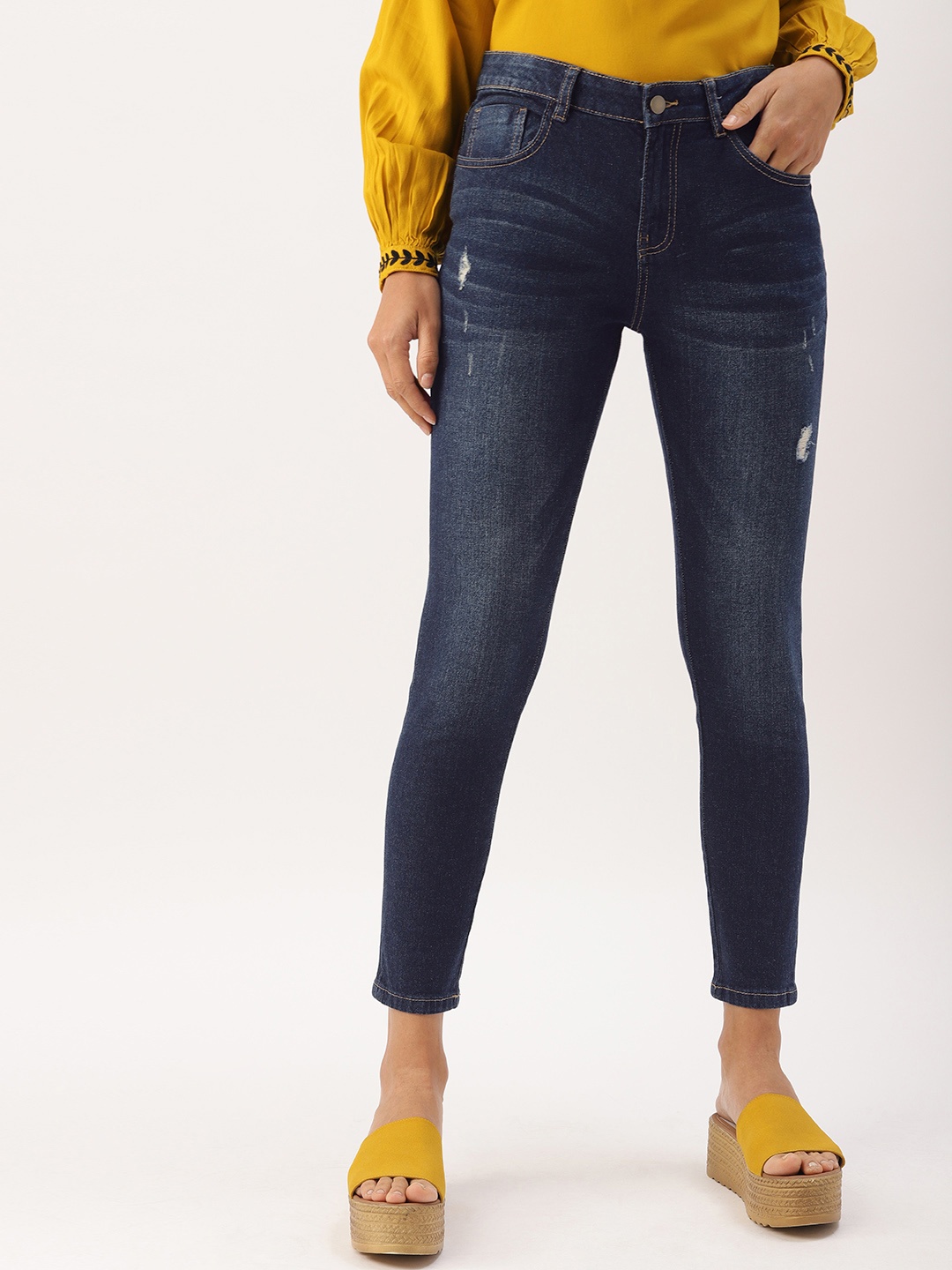 

DressBerry Women Blue Skinny Fit Mid-Rise Low Distress Stretchable Cropped Jeans