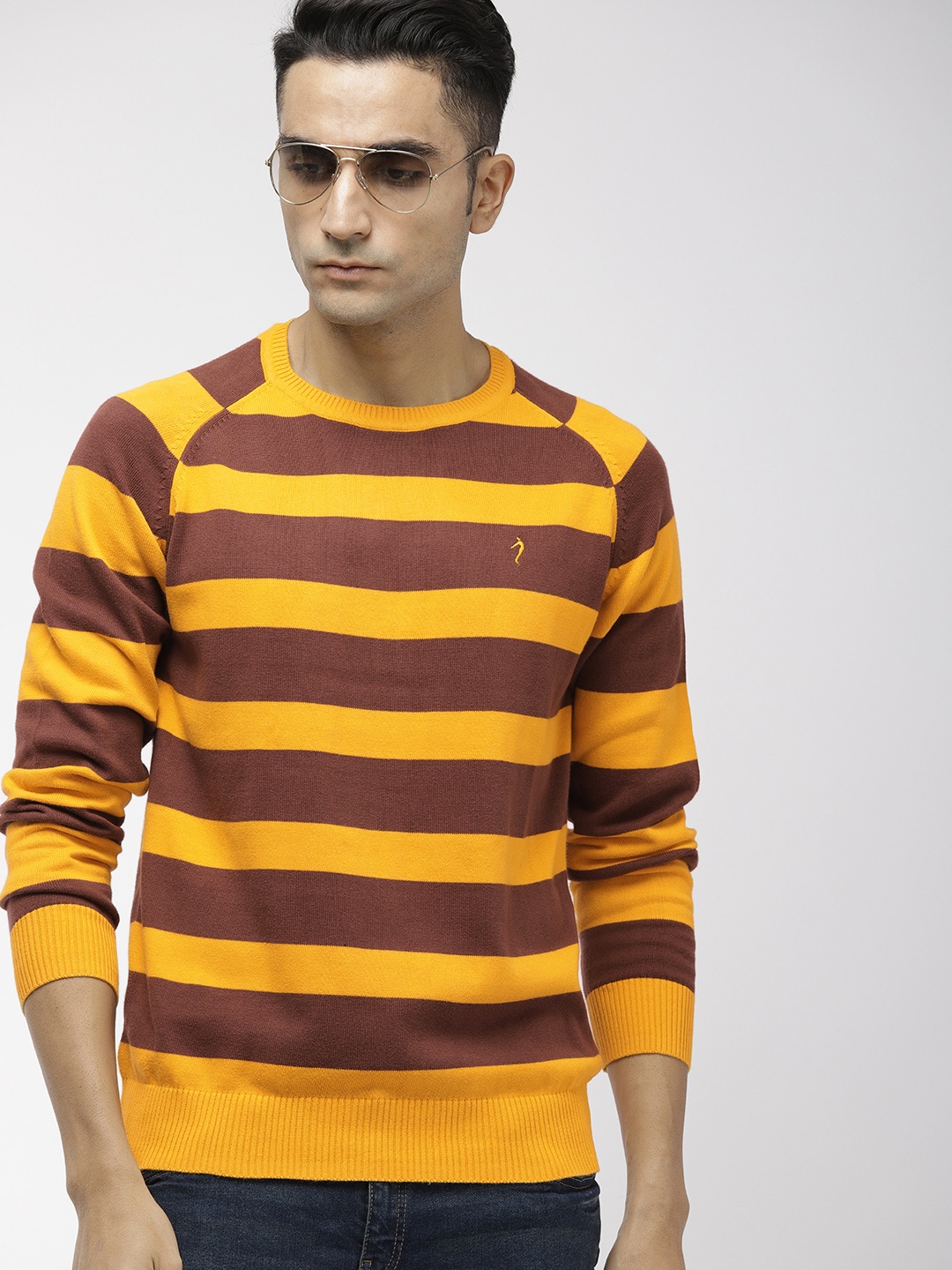 

Indian Terrain Men Yellow & Brown Striped Sweater