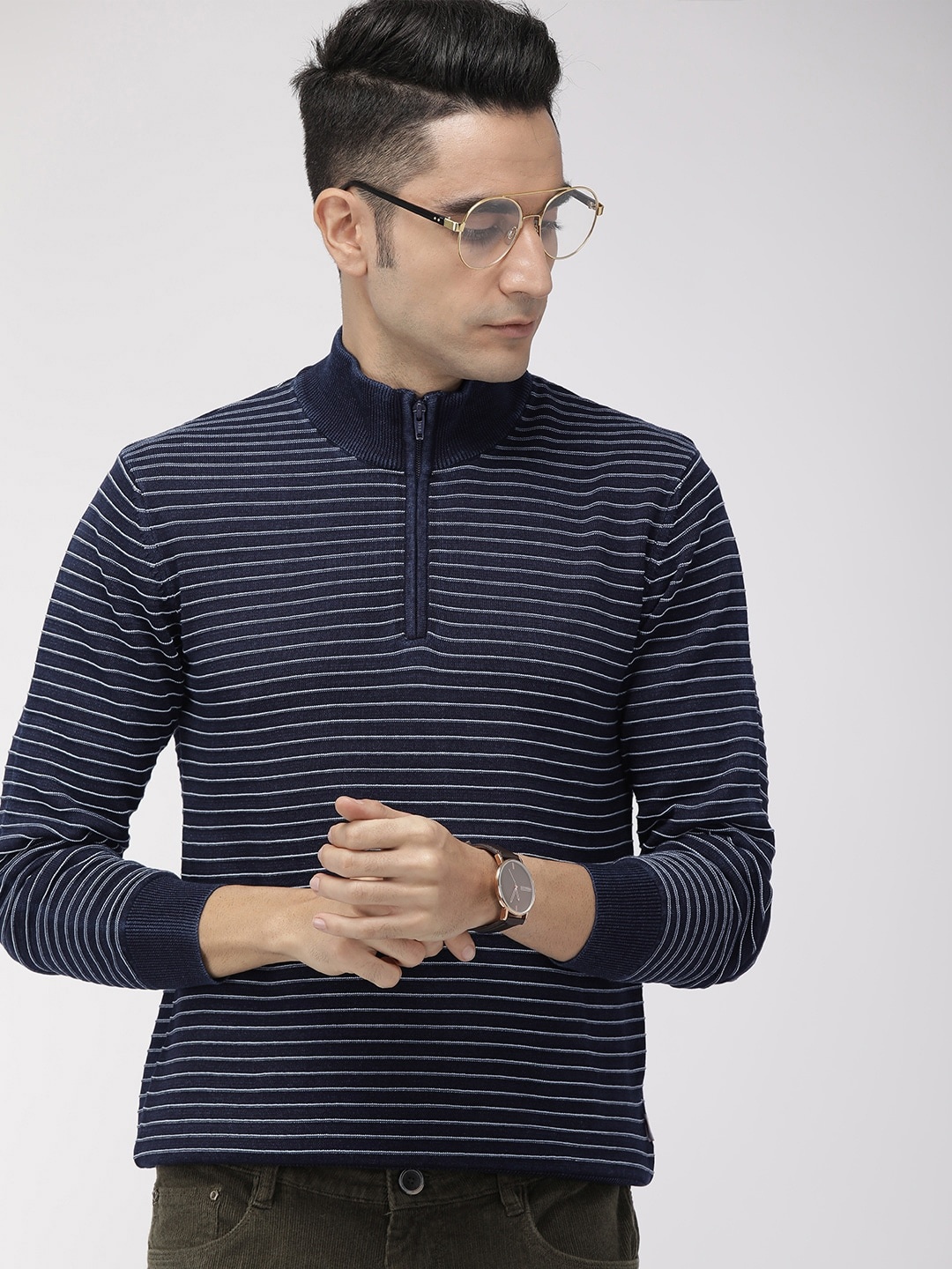 

Indian Terrain Men Navy Blue Striped Pullover Sweater