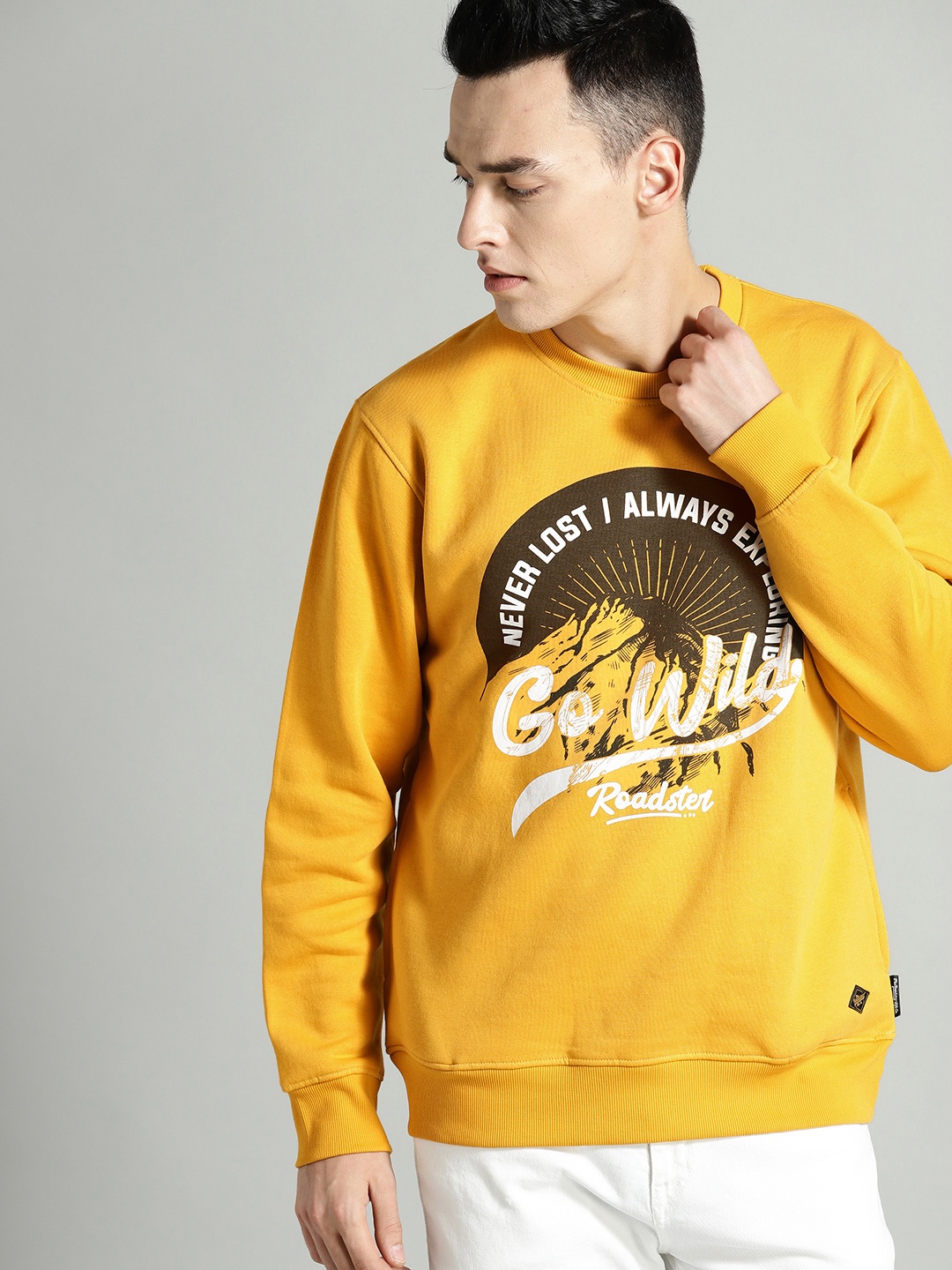 

The Roadster Lifestyle Co Men Mustard Yellow & Charcoal Grey Printed Sweatshirt