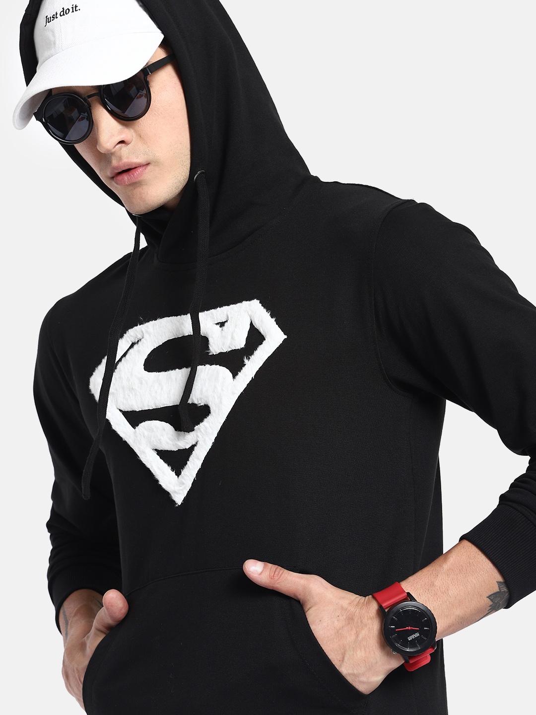 

Justice League Men Black & White Self Design Hooded Sweatshirt