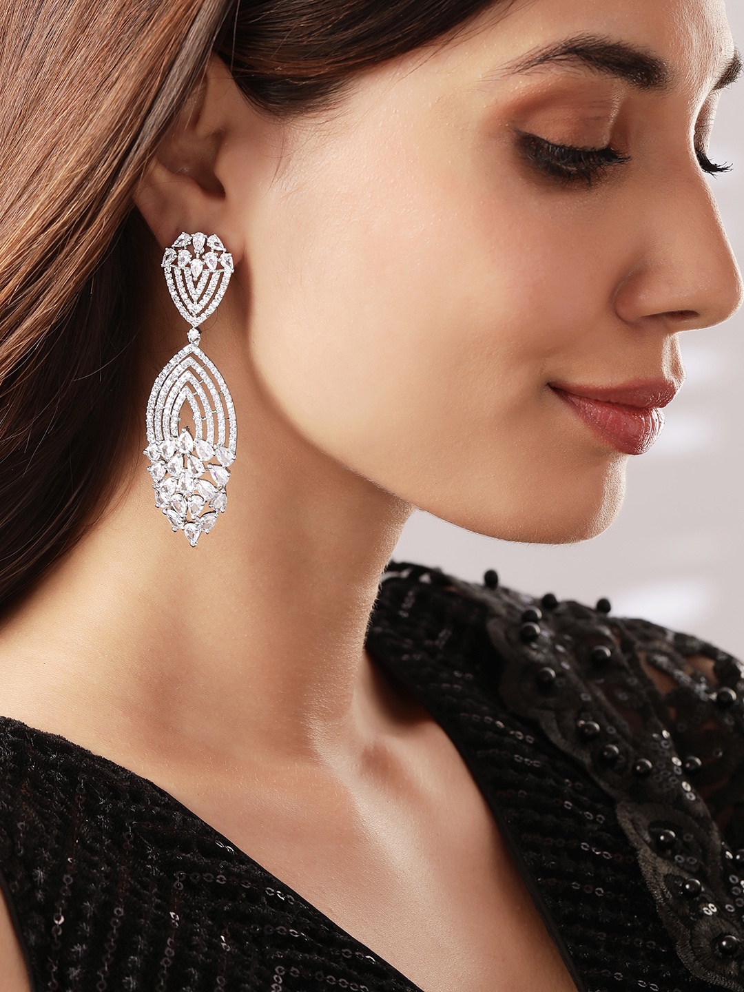 

Rubans Silver Tone Rhodium Plated White Cubic Zirconia Studded Drop Earrings