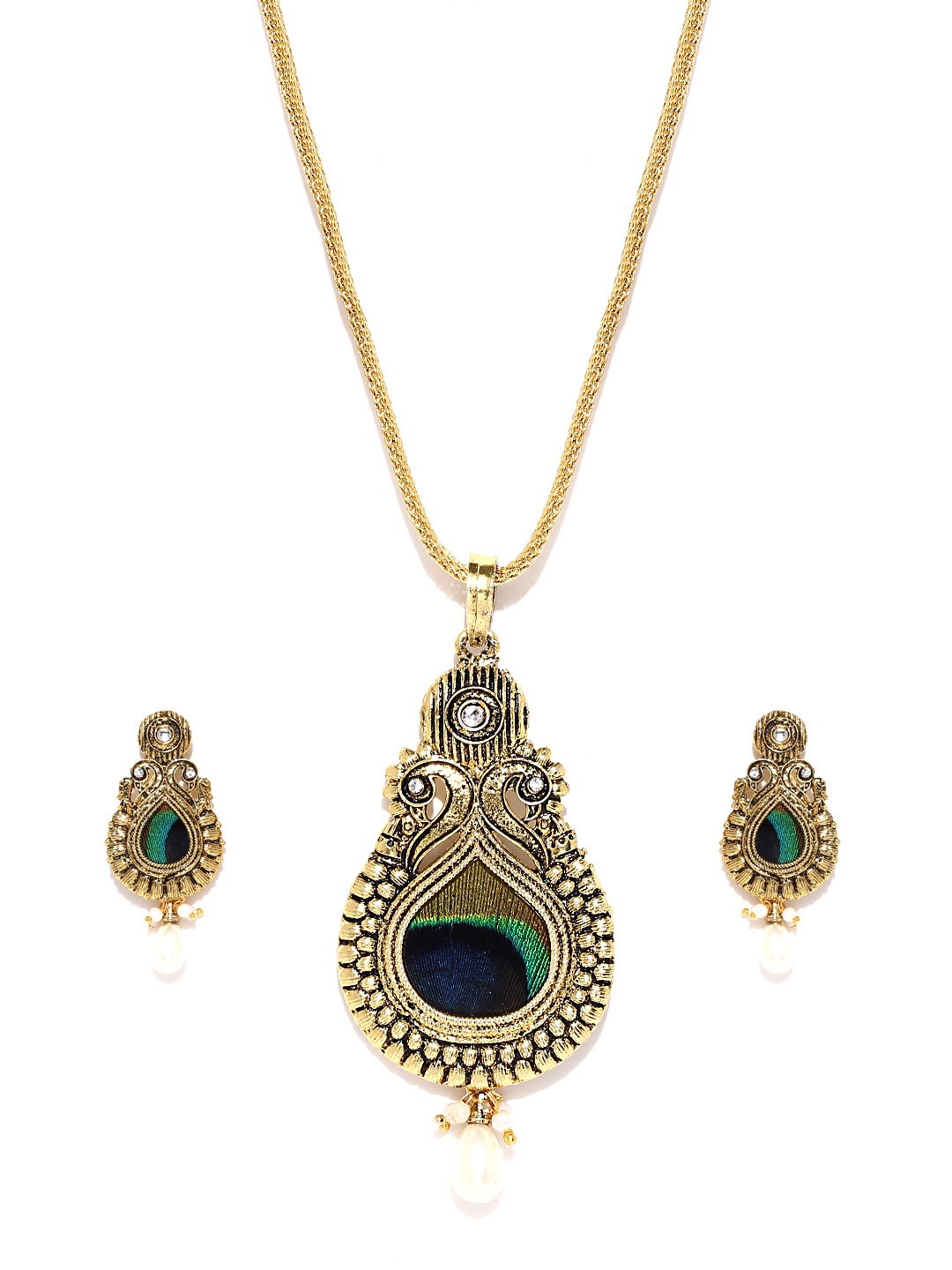 

Zaveri Pearls Gold-Toned Earrings & Pendant Set with Chain