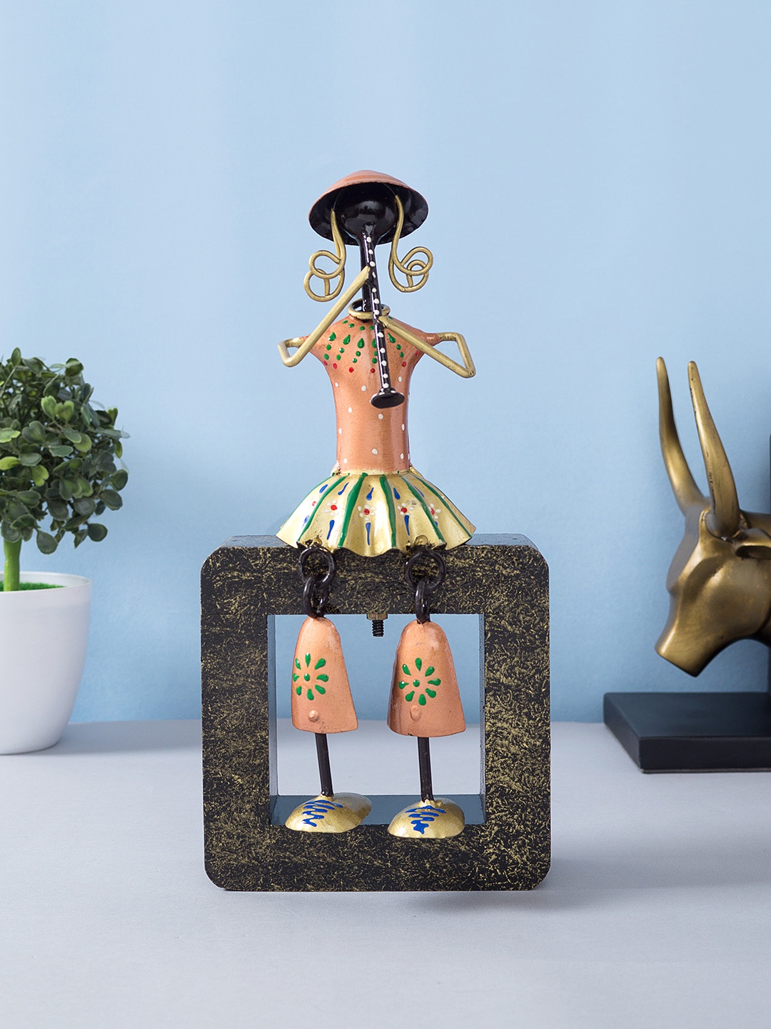 

Golden Peacock Tribal Sitting Musician Doll Handcrafted Showpiece, Multi