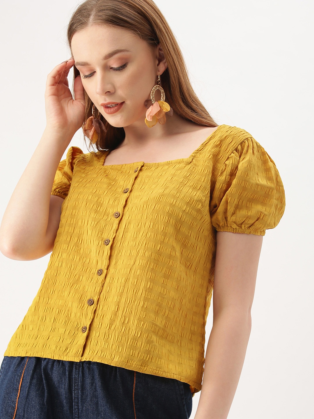 

DressBerry Women Mustard Yellow Self Design Top