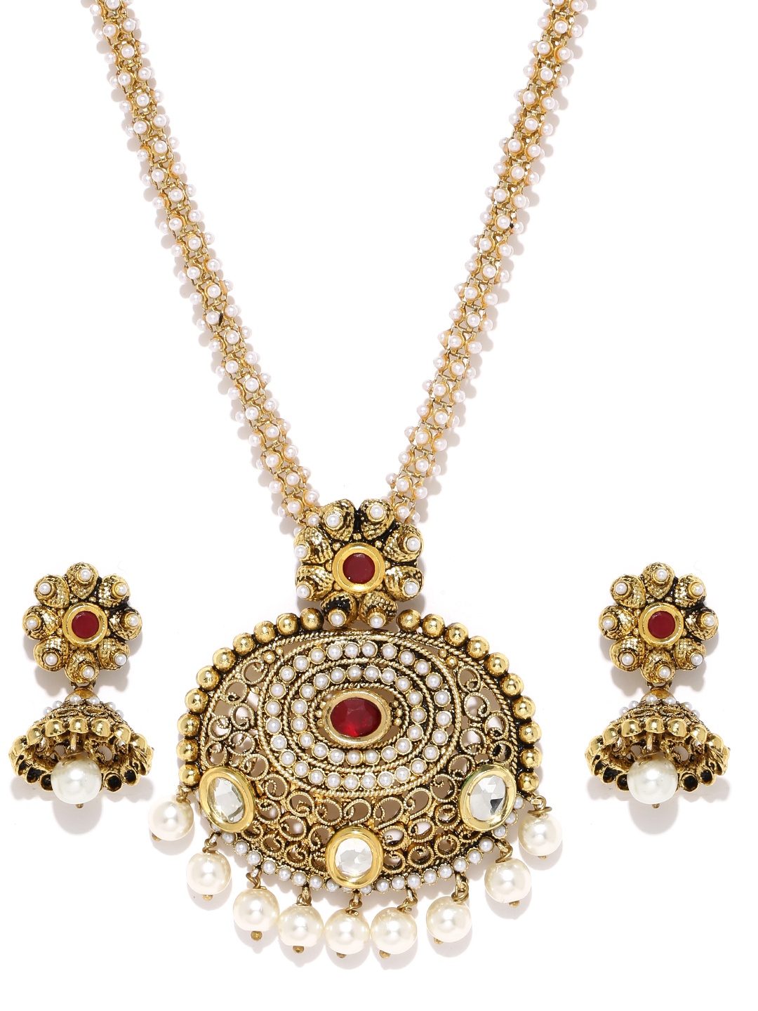 

Zaveri Pearls Gold-Toned Earrings & Pendant Set with Chain