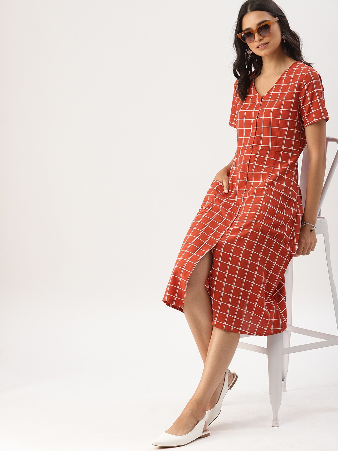 

DressBerry Women Rust Orange & White Checked A-Line Dress