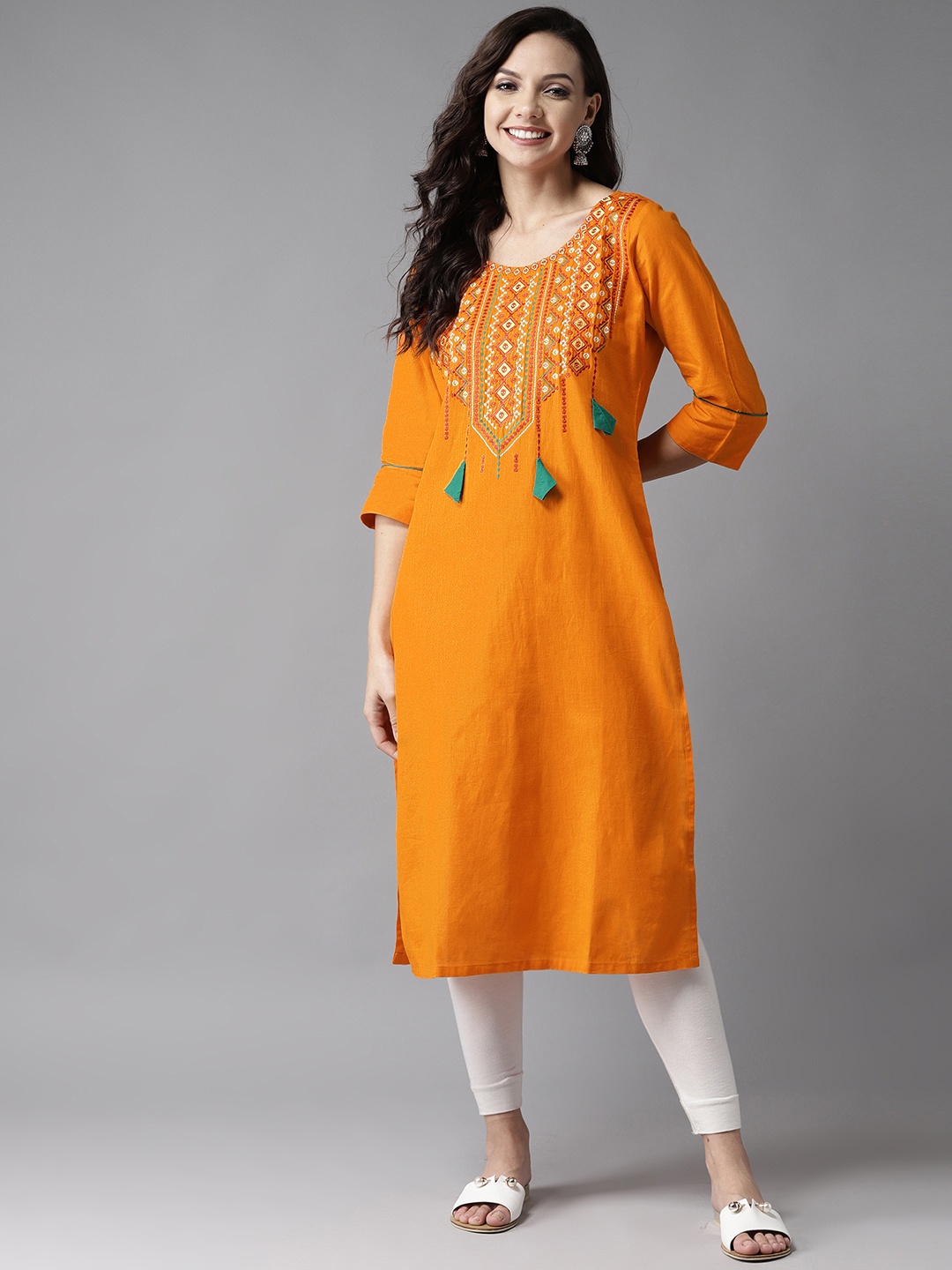 

HERE&NOW Women Orange Yoke Design Straight Kurta