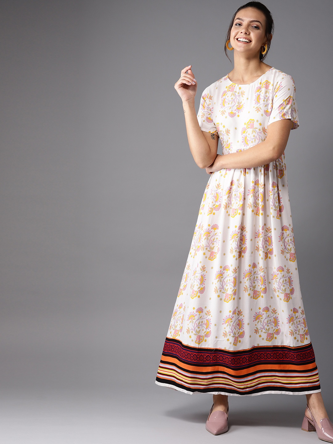 

HERE&NOW Women White & Pink Printed Maxi Dress
