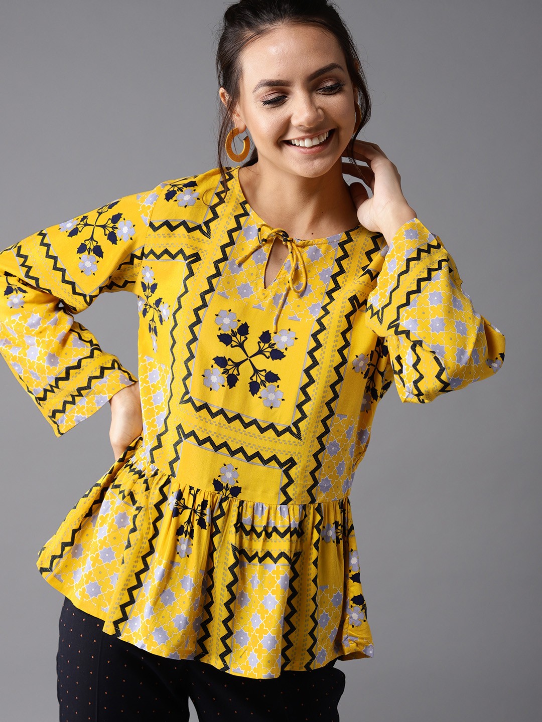 

HERE&NOW Women Yellow & Black Printed A-Line Top
