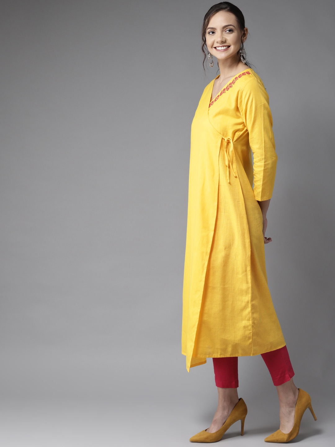 

HERE&NOW Women Yellow Solid Angrakha A-Line Kurta