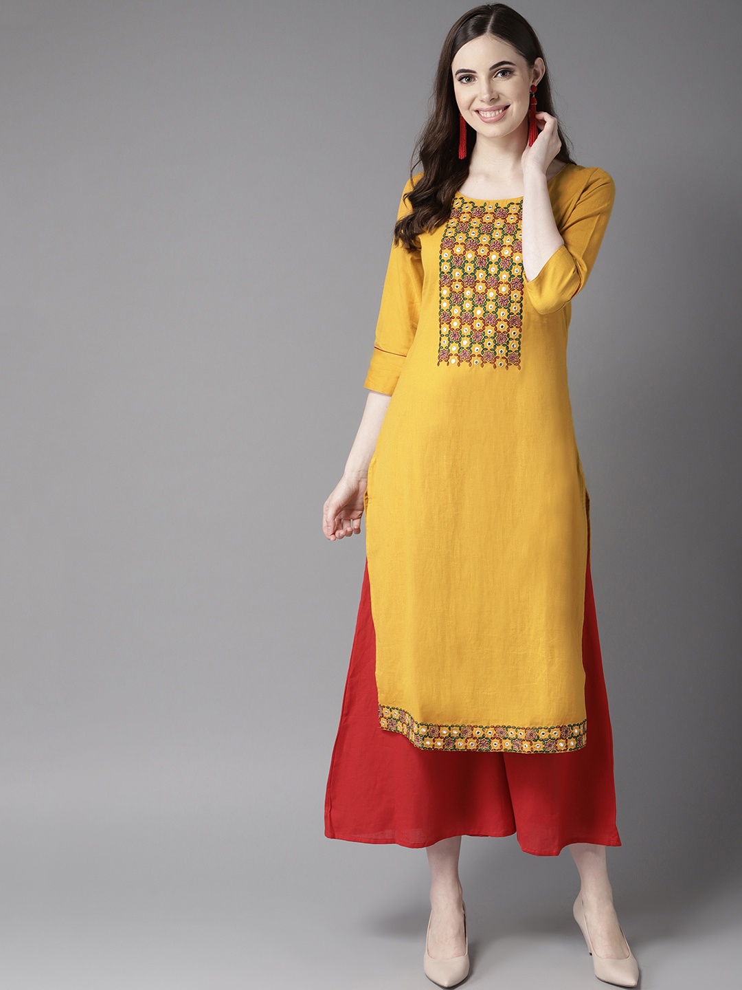 

HERE&NOW Women Mustard Yellow & Red Yoke Design Kurta with Palazzos