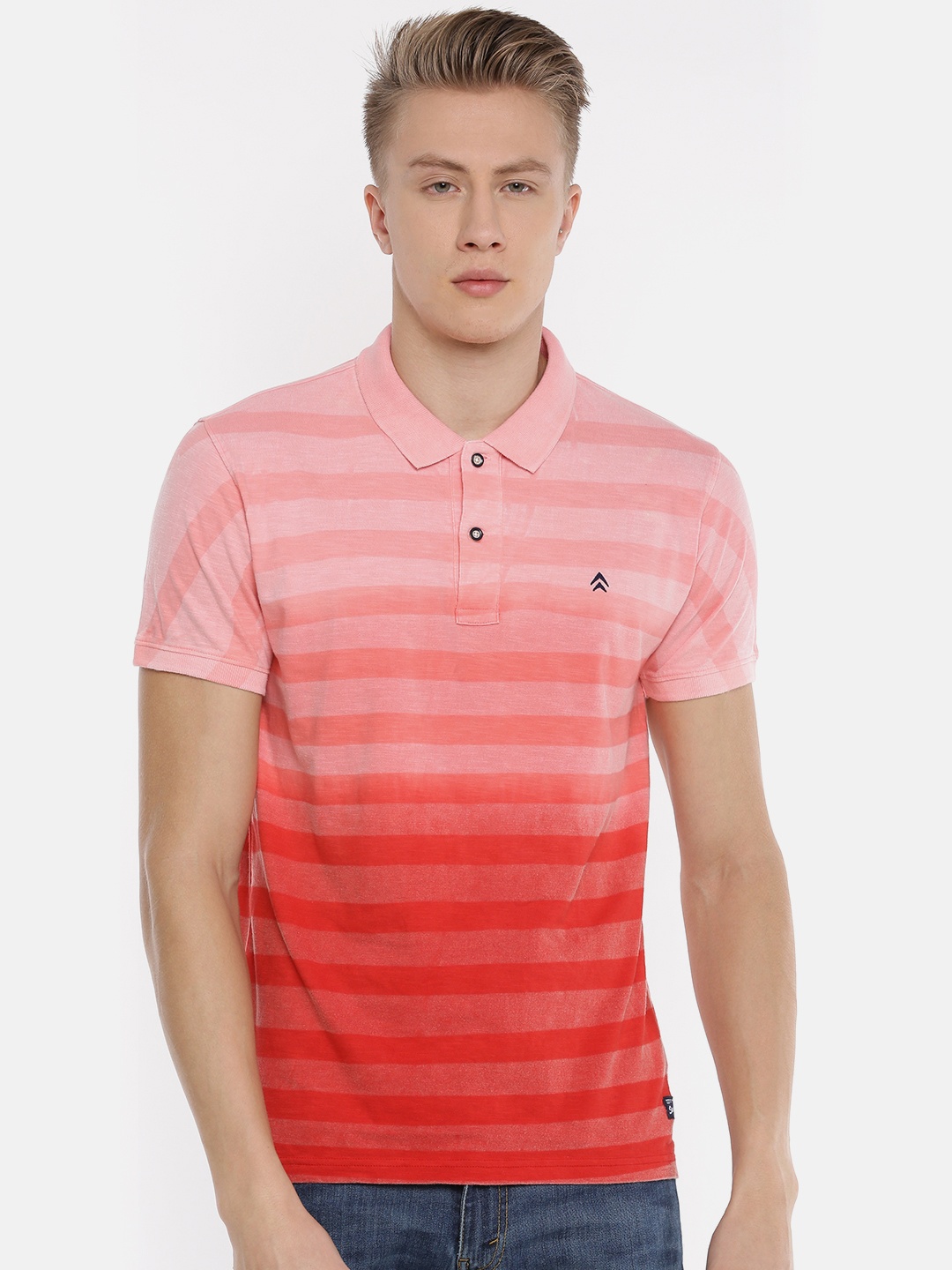 

Steenbok Men Red & Pink Striped Polo Collar T-shirt