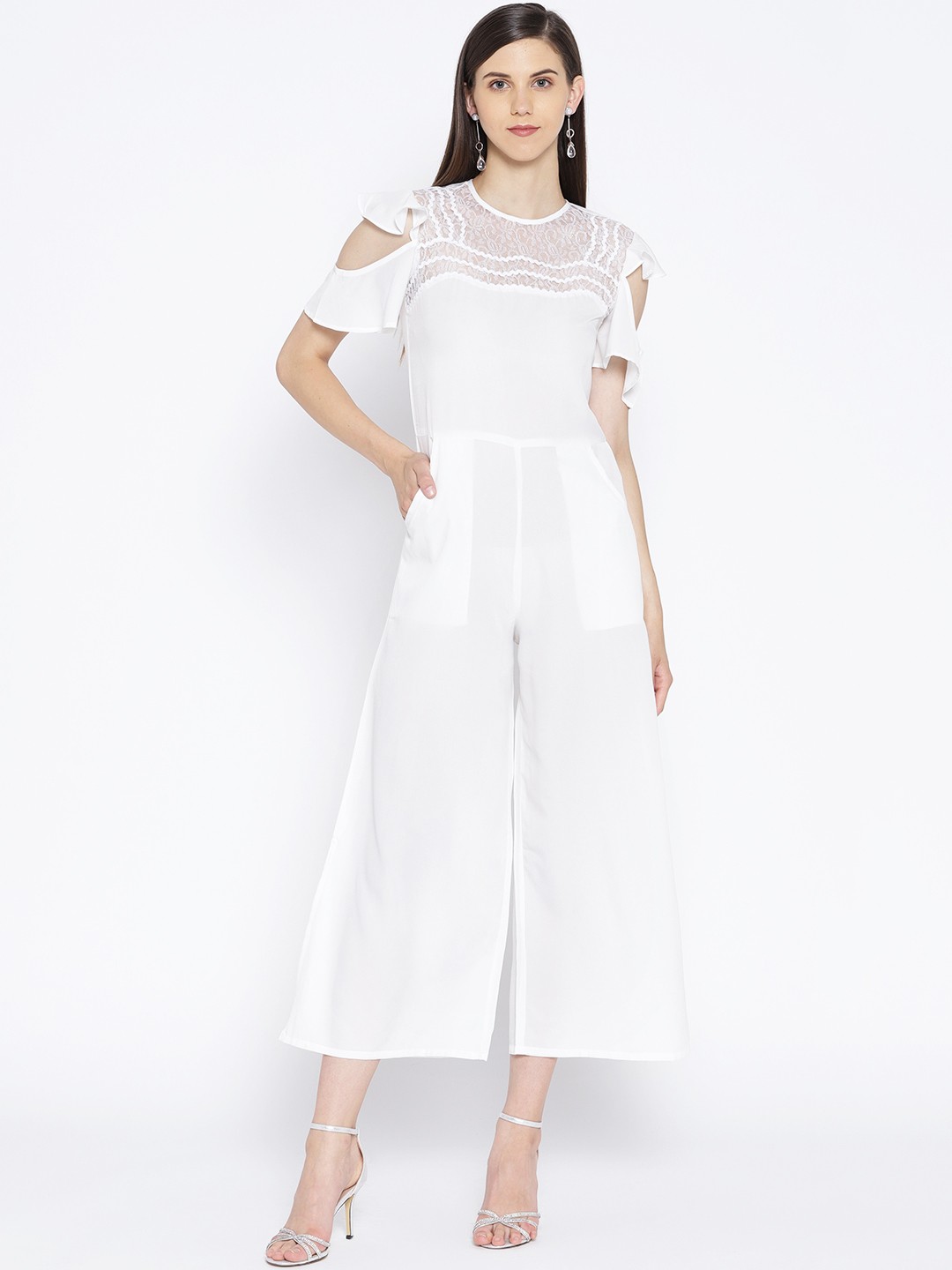 

Karmic Vision Women White Solid Cold Shoulder Basic Cropped Jumpsuits