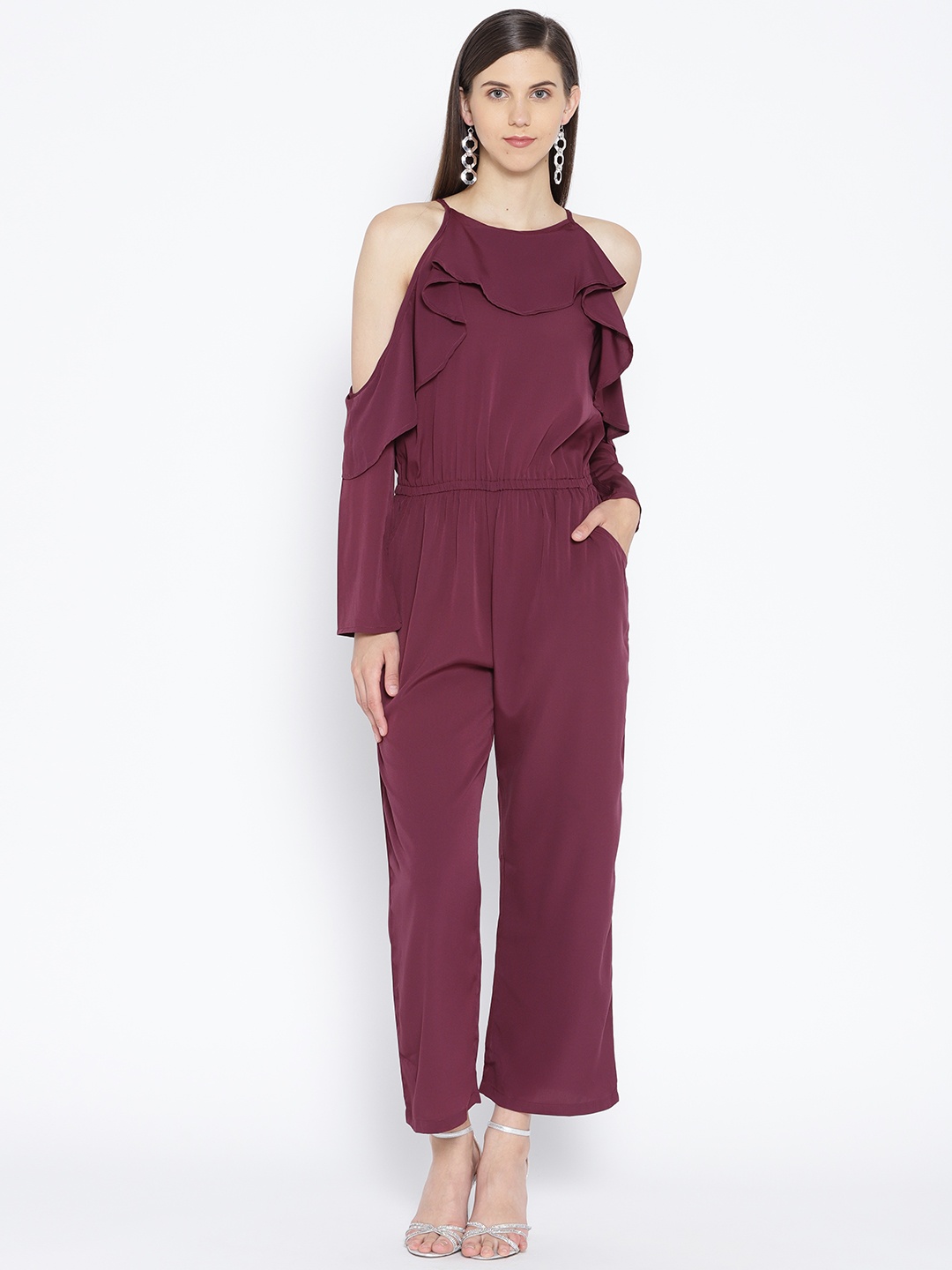

Karmic Vision Women Burgundy Solid Cold Shoulder Basic Jumpsuit